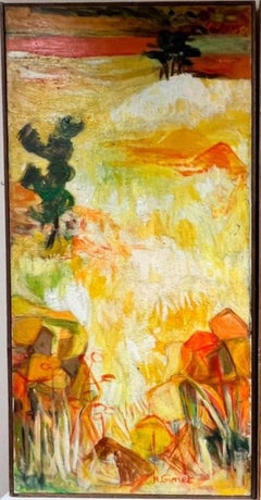 Grand paysage français contemporain signé à l'huile - Paysage de Provence dégradé par le soleil