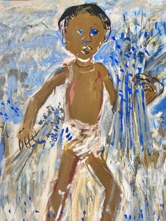 Large French Modernist Painting Young Boy Harvesting Lavender Provence Fields
