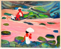 Large French Modernist Signed Oil Children & Dog by River Summertime Landscape