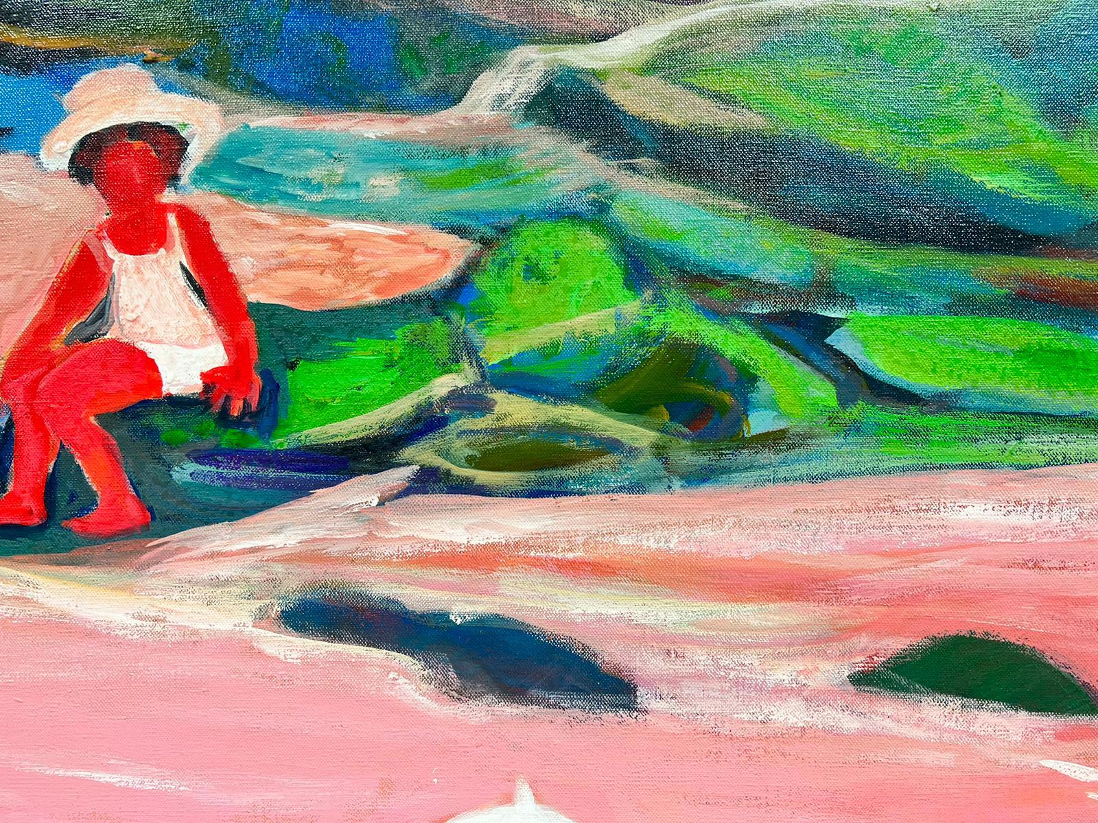 Large French Modernist Signed Oil Children & Dog by River Summertime Landscape - Brown Landscape Painting by Huguette Ginet-Lasnier 
