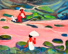 Large French Modernist Signed Oil Children & Dog by River Summertime Landscape