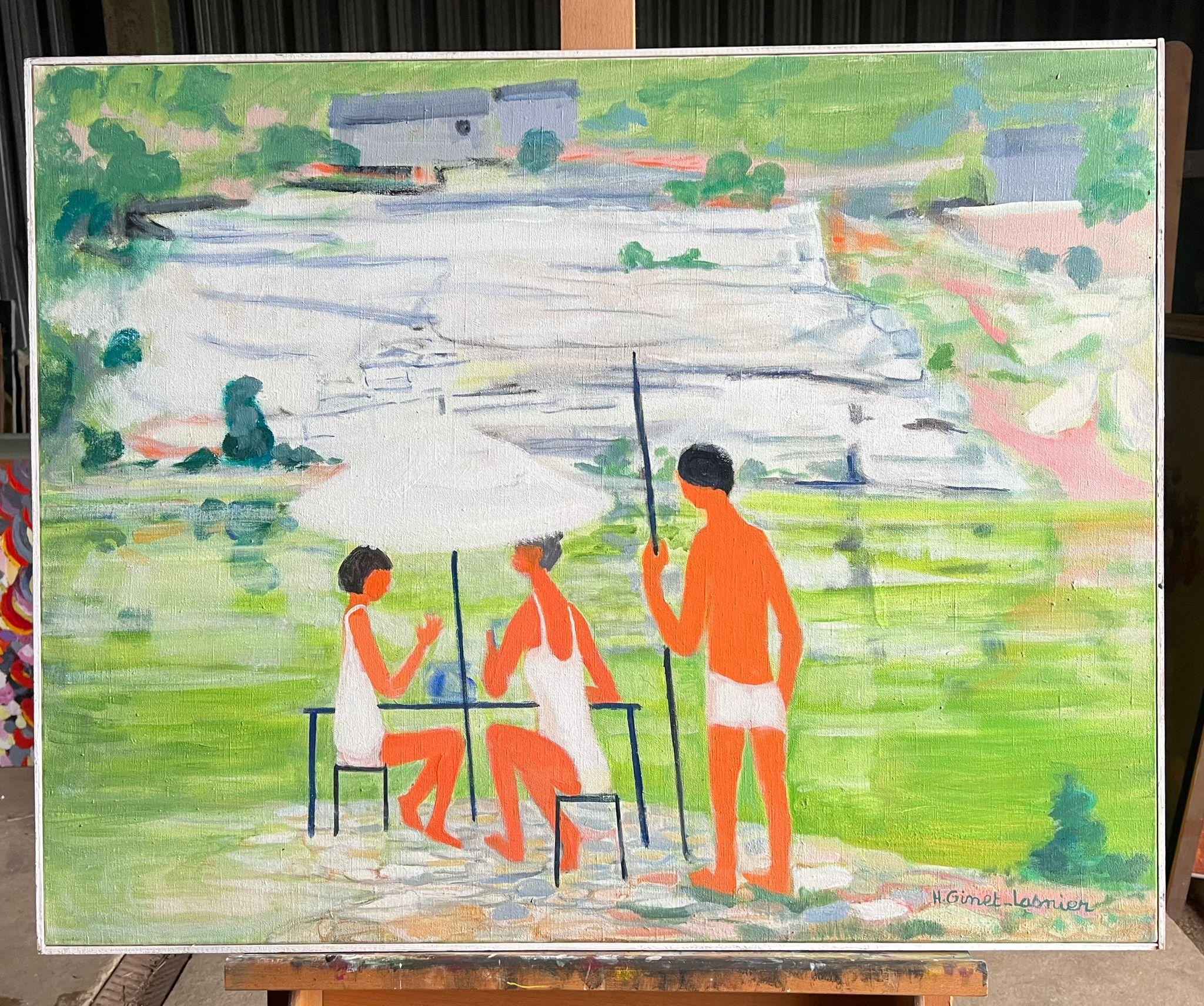 Gran paisaje modernista francés con figuras tomando el sol junto al río Óleo firmado - Painting de Huguette Ginet-Lasnier 
