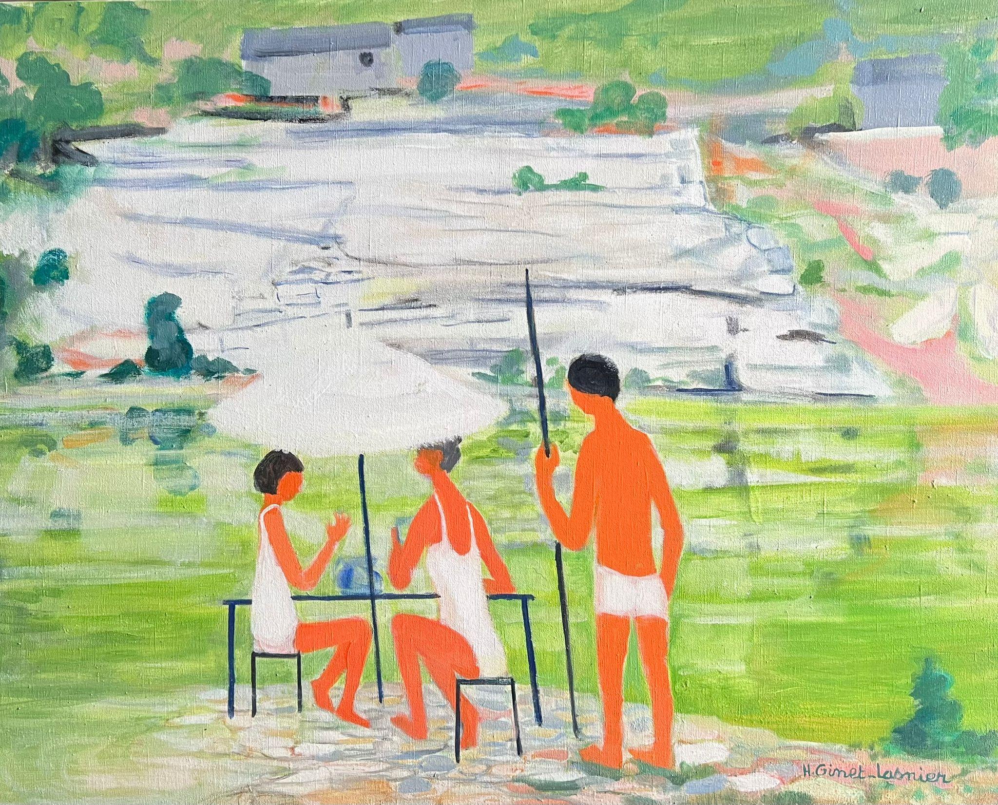 Figurative Painting de Huguette Ginet-Lasnier  - Gran paisaje modernista francés con figuras tomando el sol junto al río Óleo firmado