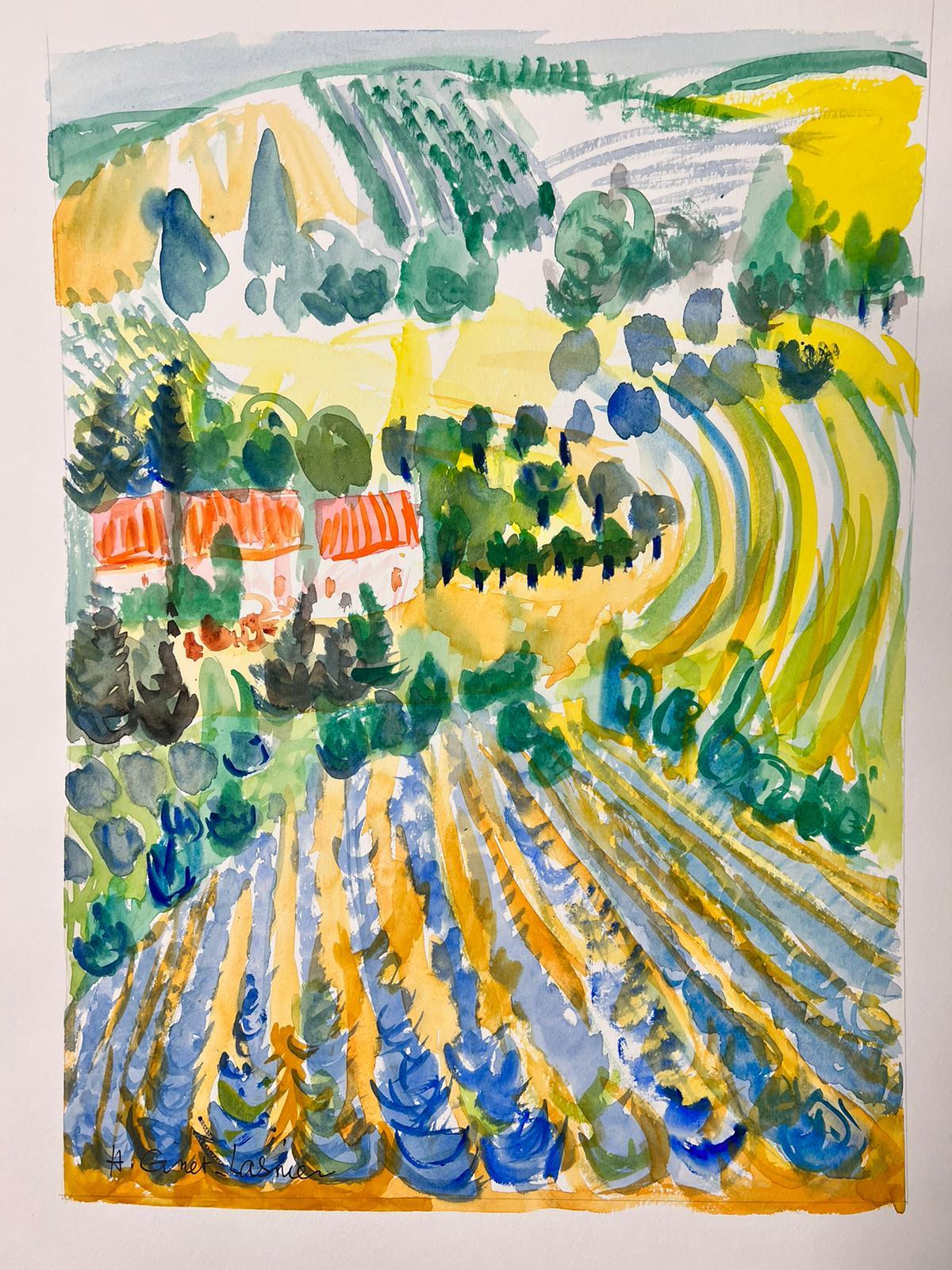 Huguette Ginet-Lasnier  Landscape Painting - Lavender Fields in Golden Provence Landscape French Modernist Painting