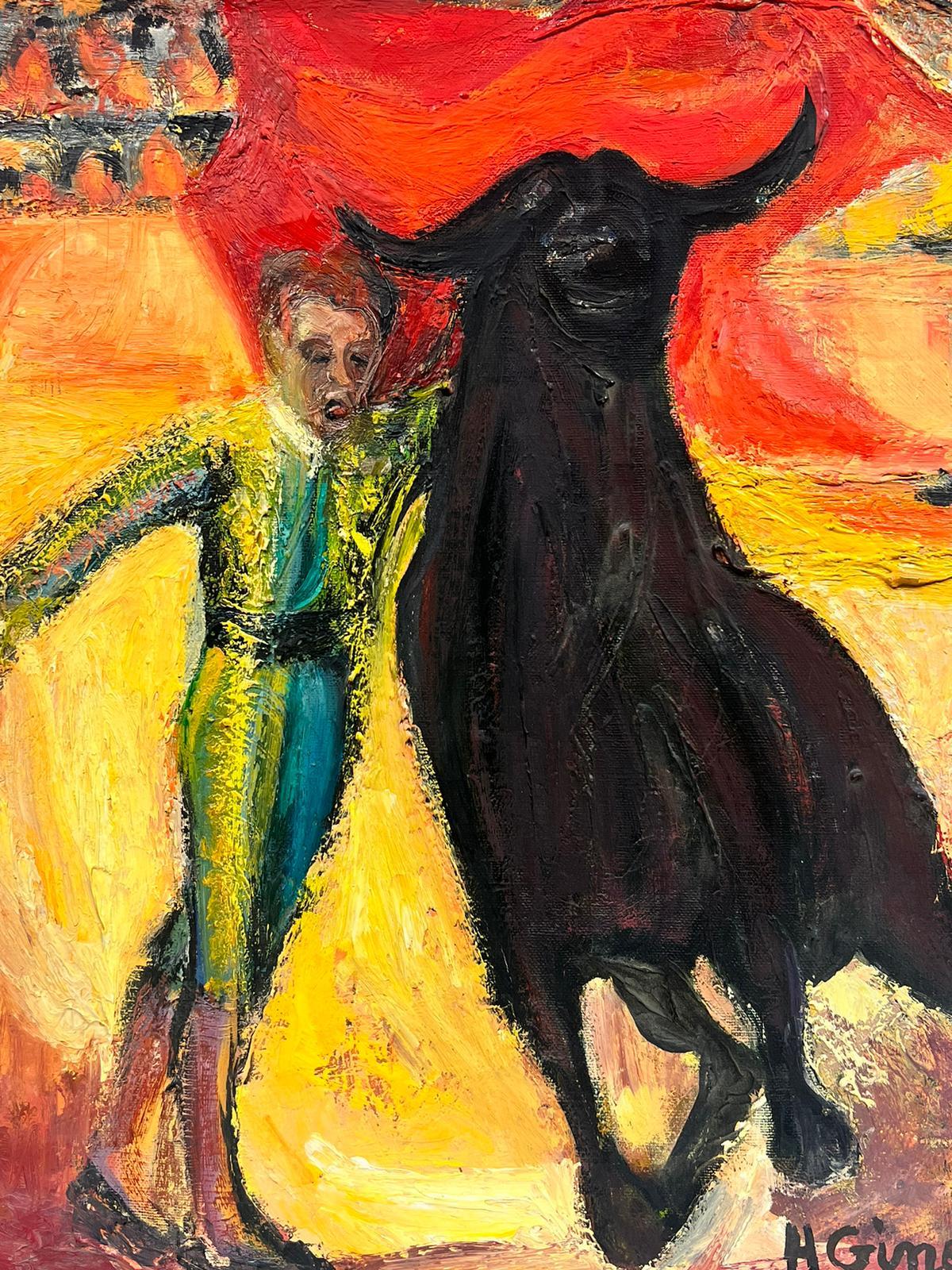 Mid 20th Century French Oil Bull Fighter Matador with Bull Yellow & Red Colors - Painting by Huguette Ginet-Lasnier 