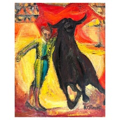 Mid 20th Century French Oil Bull Fighter Matador with Bull Yellow & Red Colors