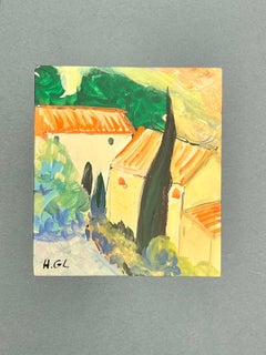 Peinture moderniste française d'arbre de cyprès - Paysage de Provence - Anciennes maisons