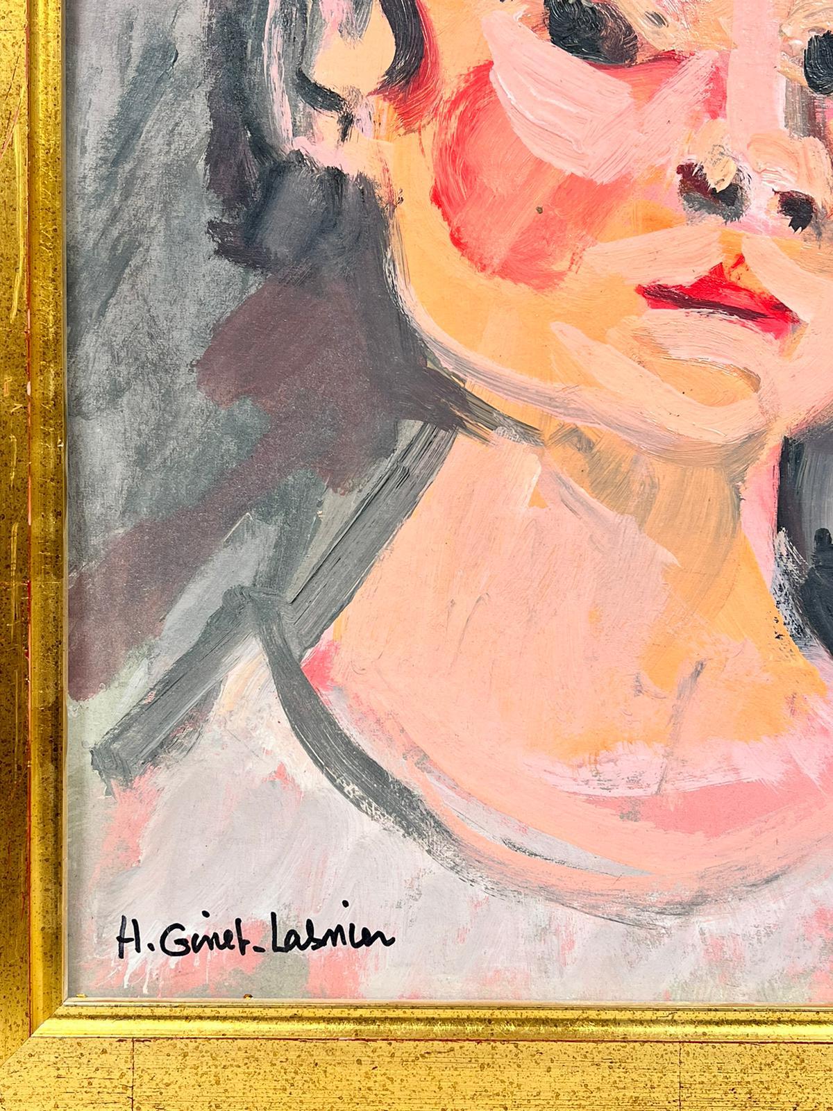 Signed French Contemporary Painting Portrait of Rosy Cheeked Woman - Brown Figurative Painting by Huguette Ginet-Lasnier 