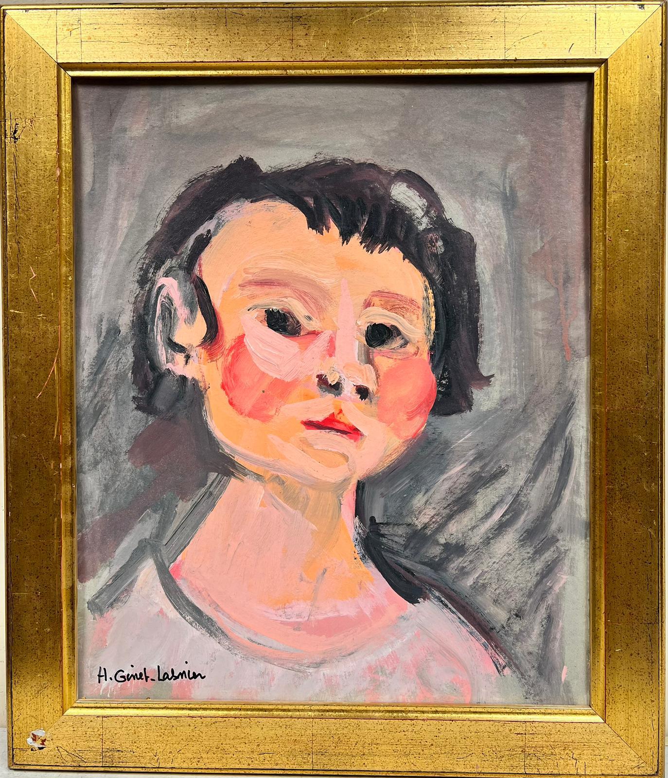 Huguette Ginet-Lasnier  Figurative Painting - Signed French Contemporary Painting Portrait of Rosy Cheeked Woman