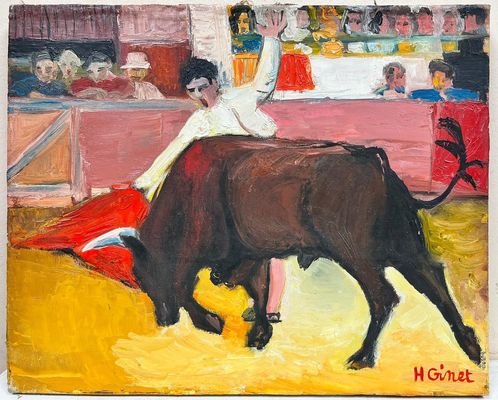 Le combat du taureau avec le taureau dans l'anneau, peinture à l'huile moderniste française signée - Painting de Huguette Ginet-Lasnier 