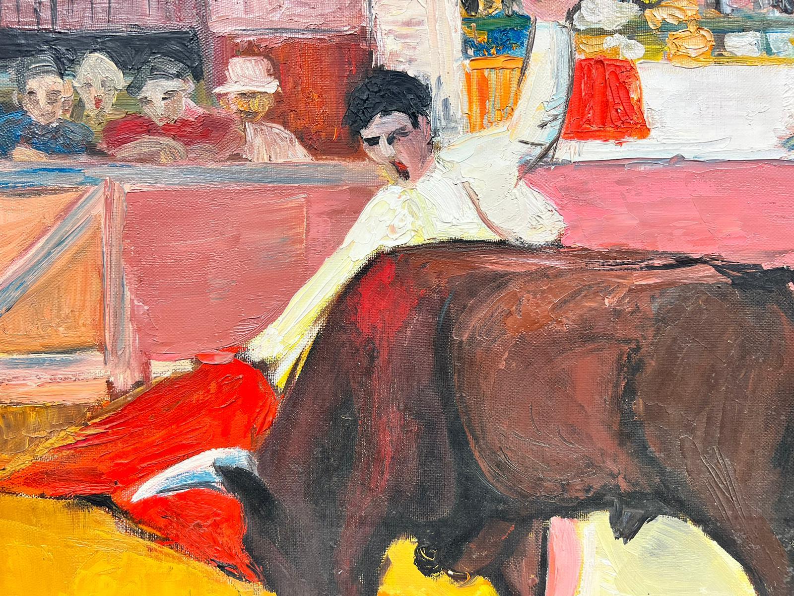 Le combat du taureau avec le taureau dans l'anneau, peinture à l'huile moderniste française signée - Moderne Painting par Huguette Ginet-Lasnier 