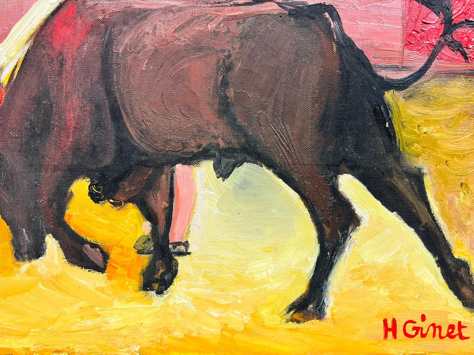 Le combat du taureau avec le taureau dans l'anneau, peinture à l'huile moderniste française signée 1