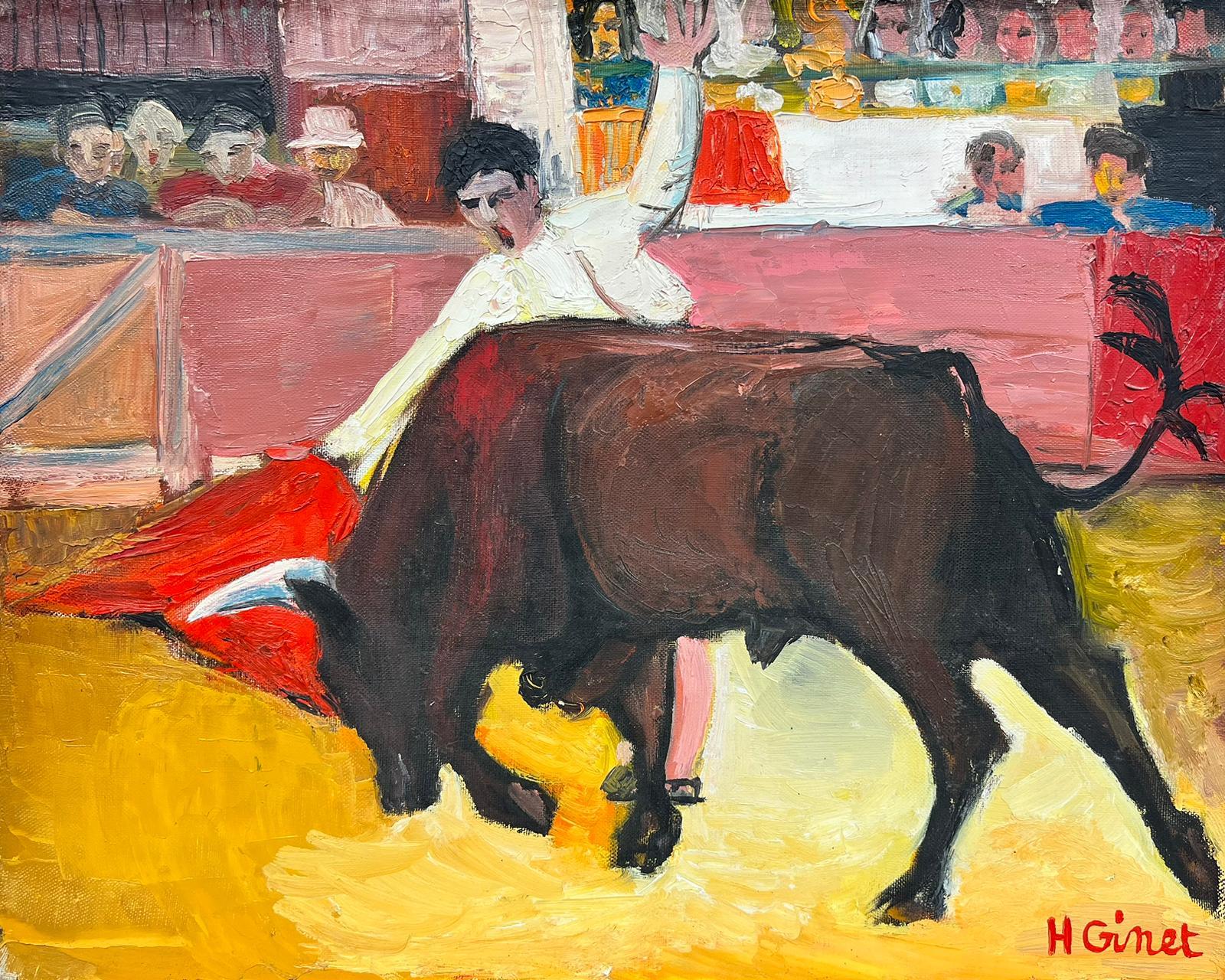 Figurative Painting Huguette Ginet-Lasnier  - Le combat du taureau avec le taureau dans l
anneau, peinture à l
huile moderniste française signée
