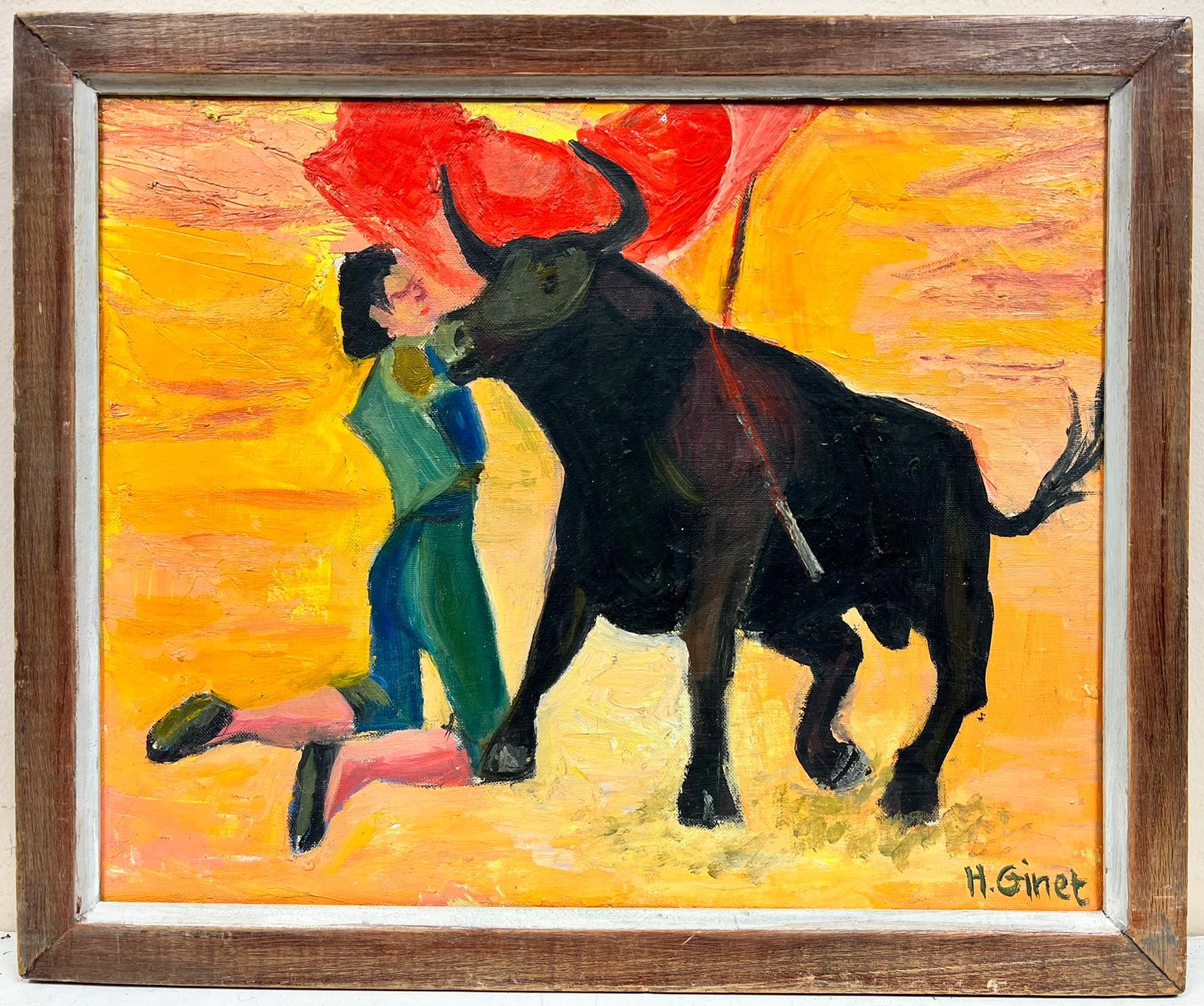 Peinture moderniste française du Matador avec un taureau signée - Painting de Huguette Ginet-Lasnier 