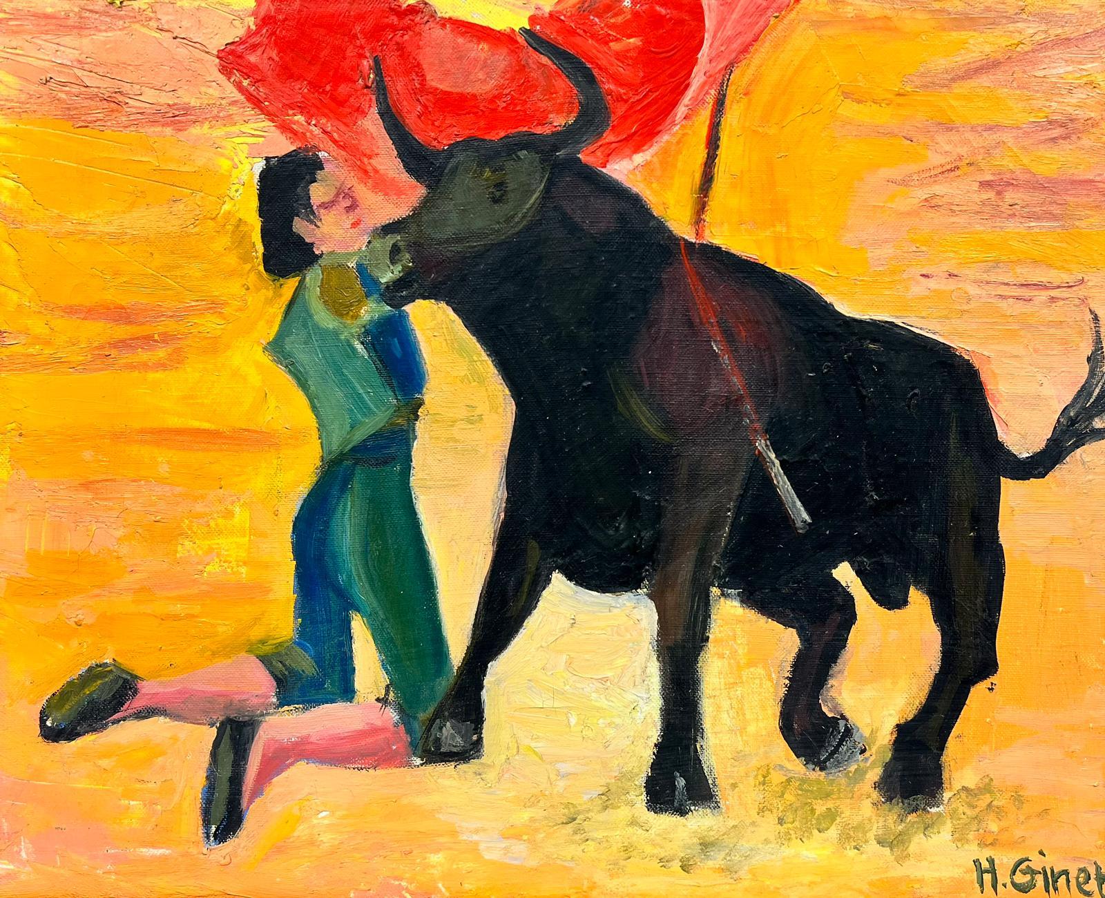 Animal Painting Huguette Ginet-Lasnier  - Peinture moderniste française du Matador avec un taureau signée