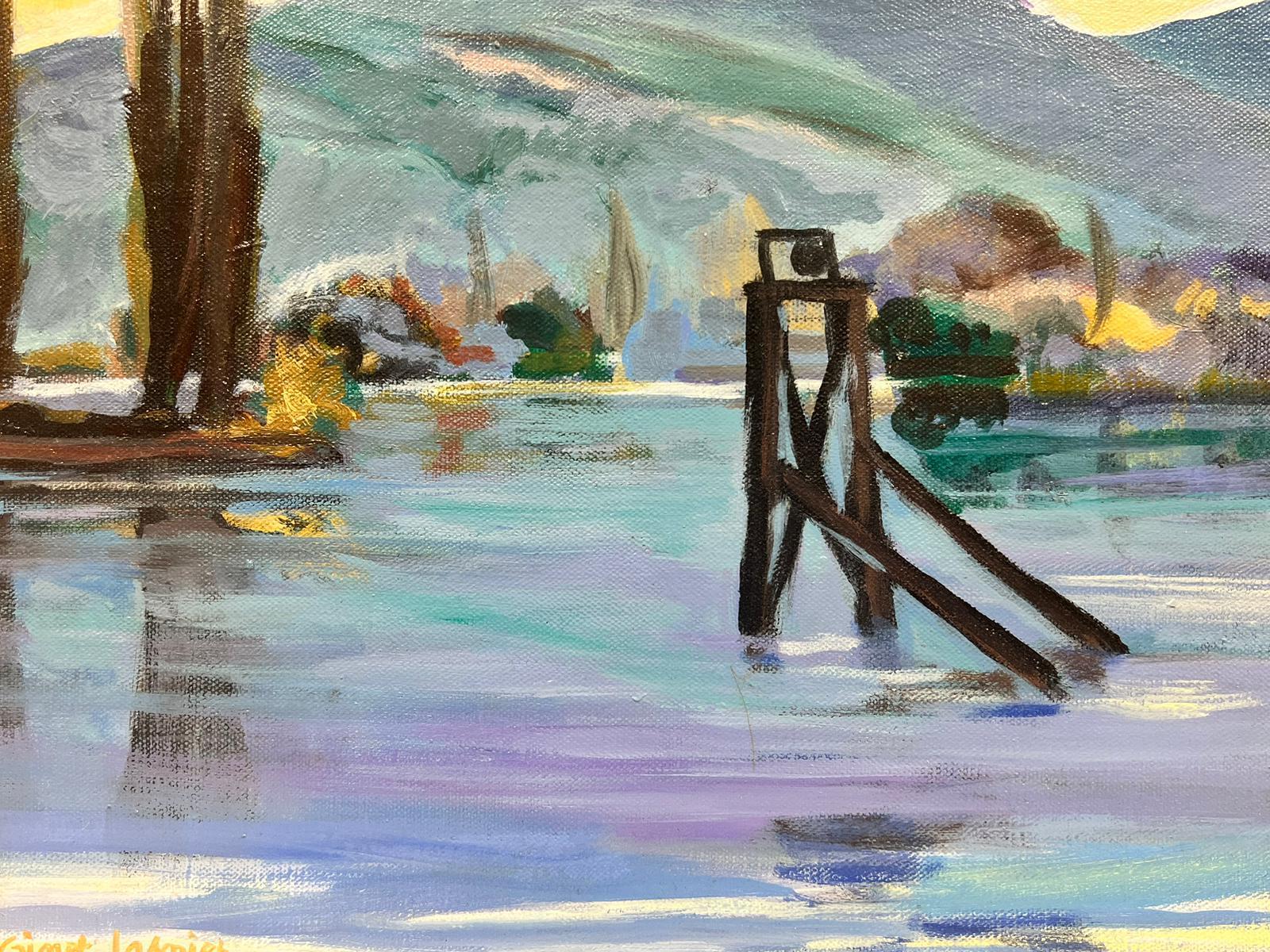 Mare blu turchese Paesaggio marino francese modernista dipinto ad olio - Landscape Painting Verde di Huguette Ginet-Lasnier 