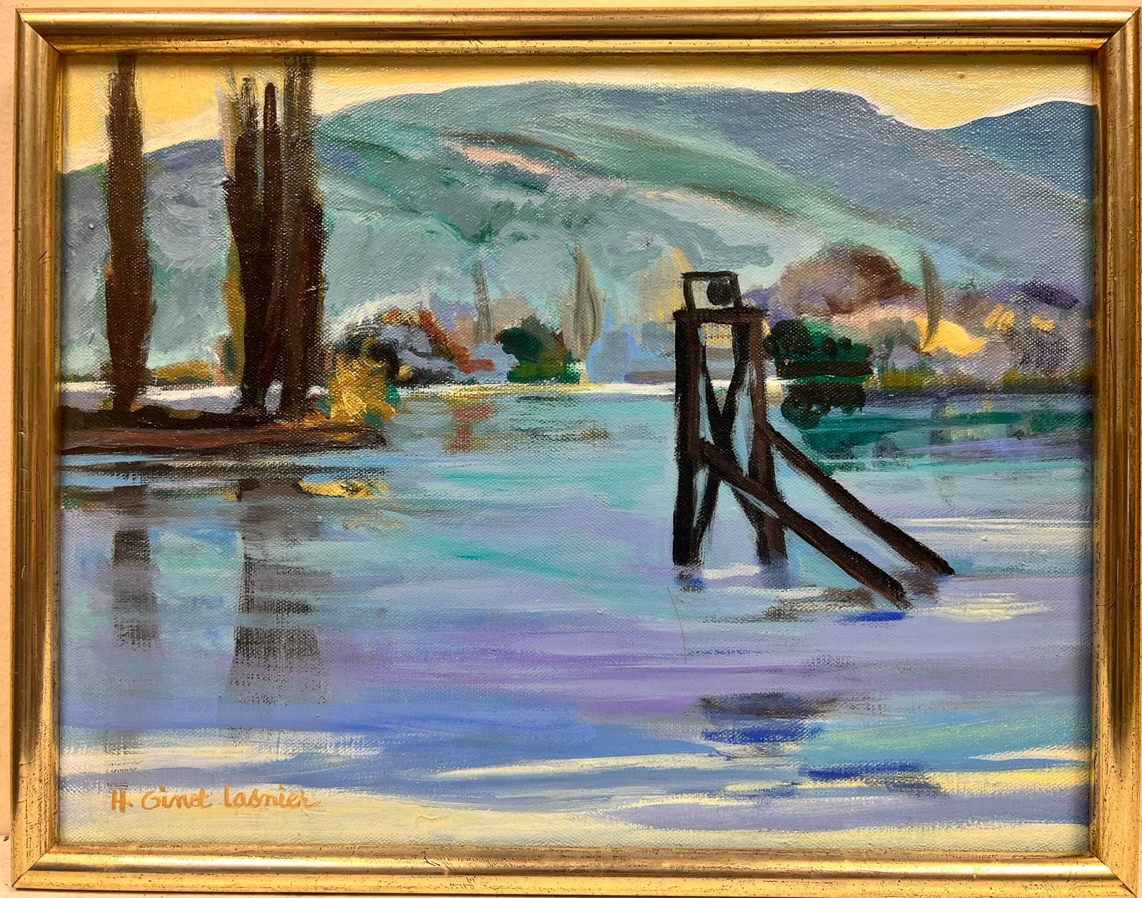 Landscape Painting Huguette Ginet-Lasnier  - Peinture à l'huile de paysage marin moderniste français des mers bleu turquoise 