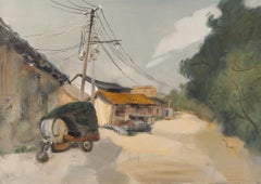 Huile sur toile originale Hui Sheng « Paysage de campagne ».