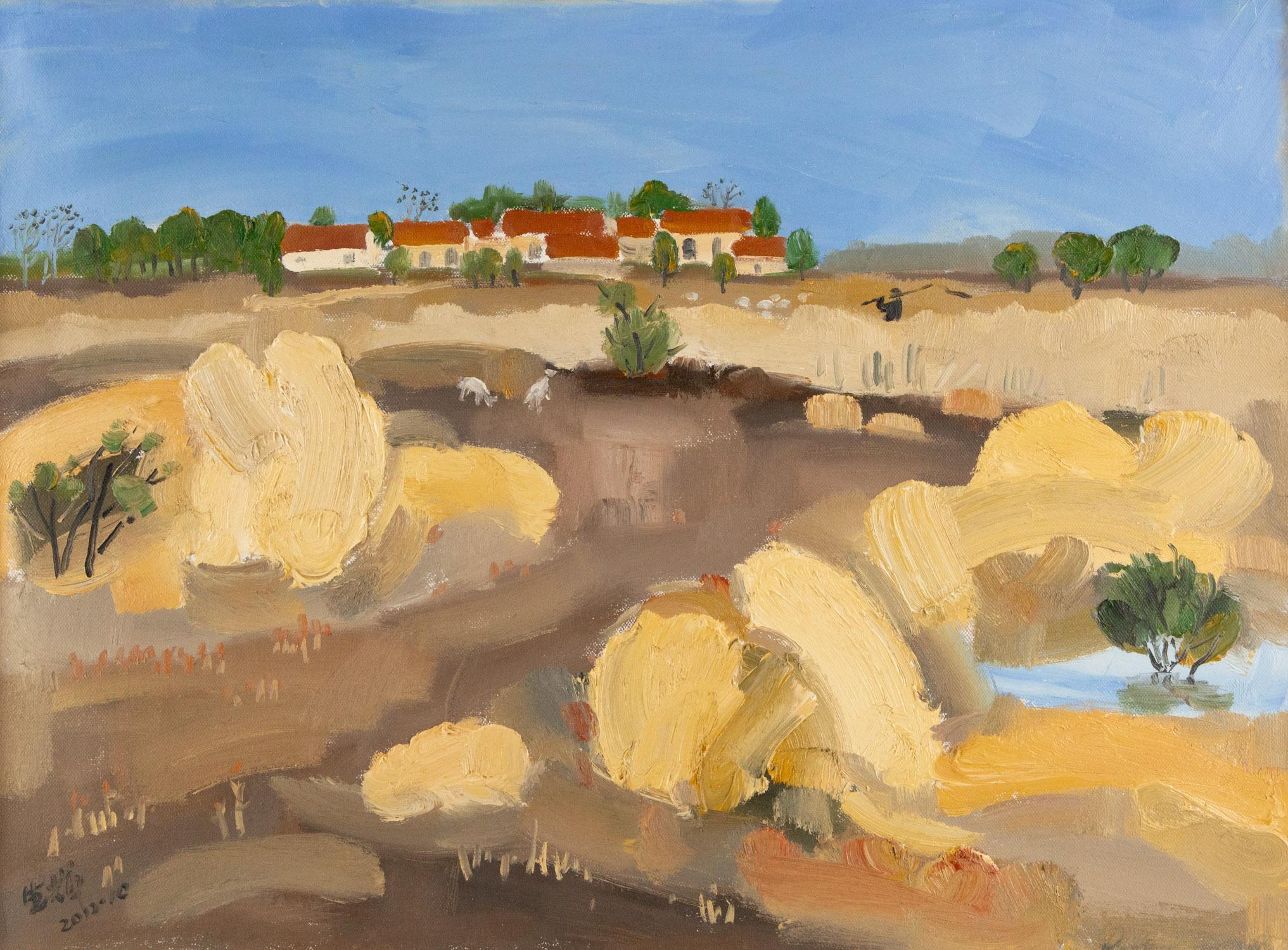 Hui Zacken-Landschaft, Original, Öl auf Leinwand, „Distant Red House“