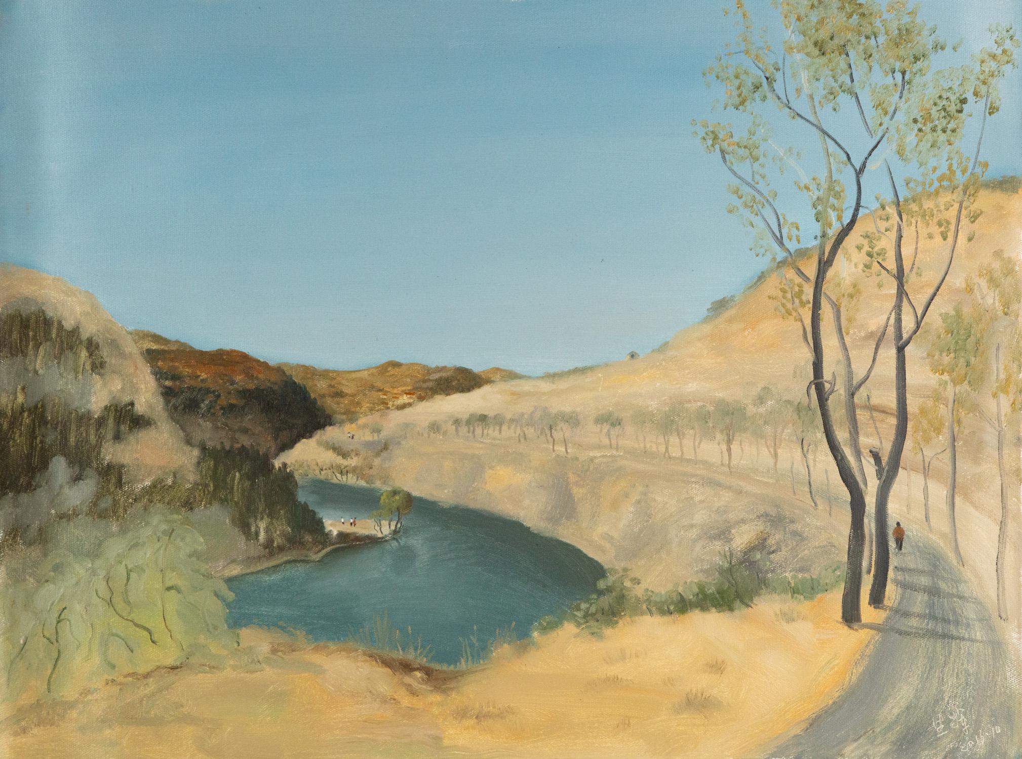 Hui Sheng Landschaft, Original, Ölgemälde auf Leinwand, „Riverside Stroll“