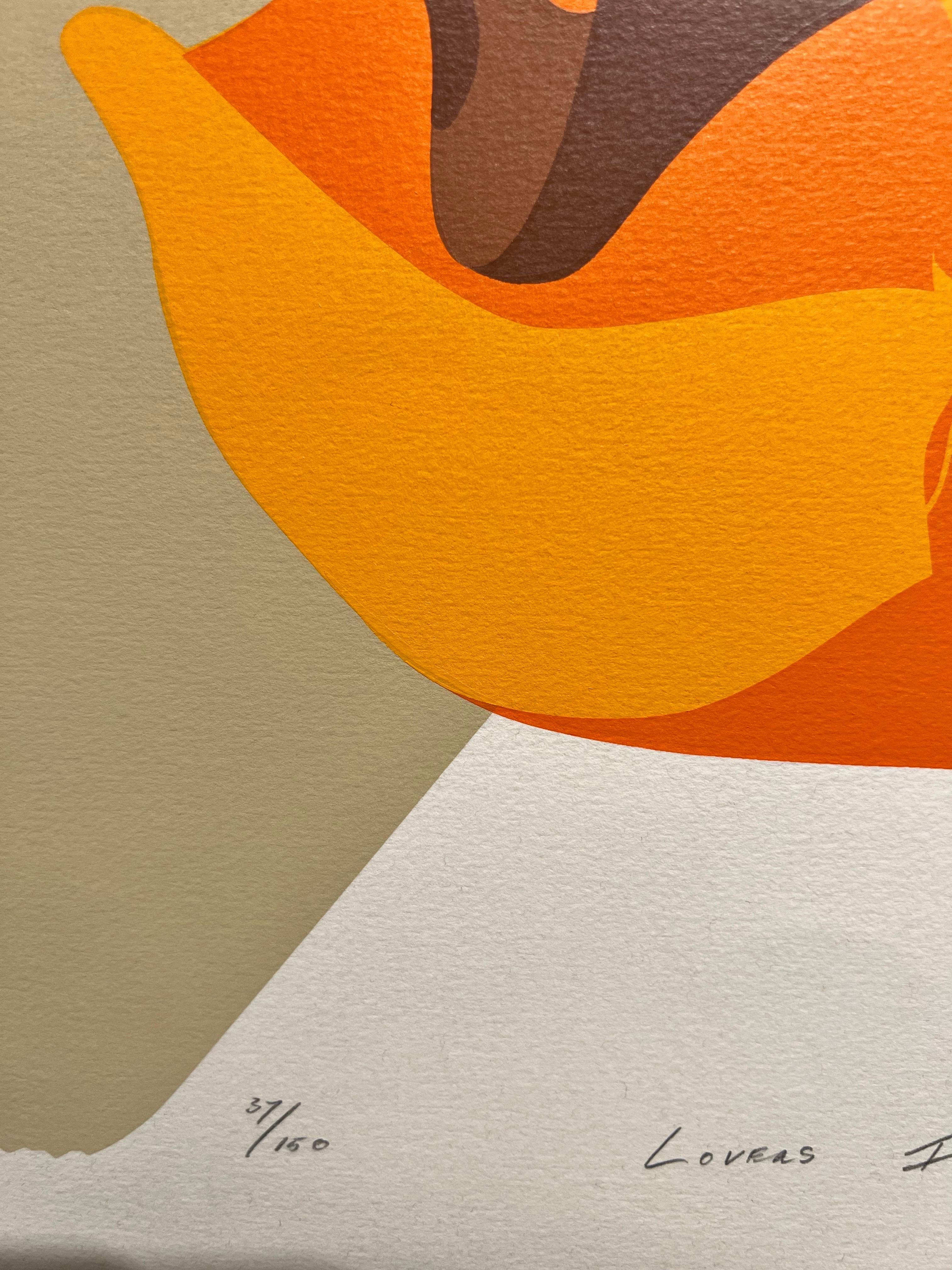 This original serigraph by Huibert Sabelis, titled Lovers, features two modern figures, abstractly portrayed in Sabelis's distinctive style. The composition harmonizes warm tones of orange, yellow, brown, and blue, interspersed with black and white