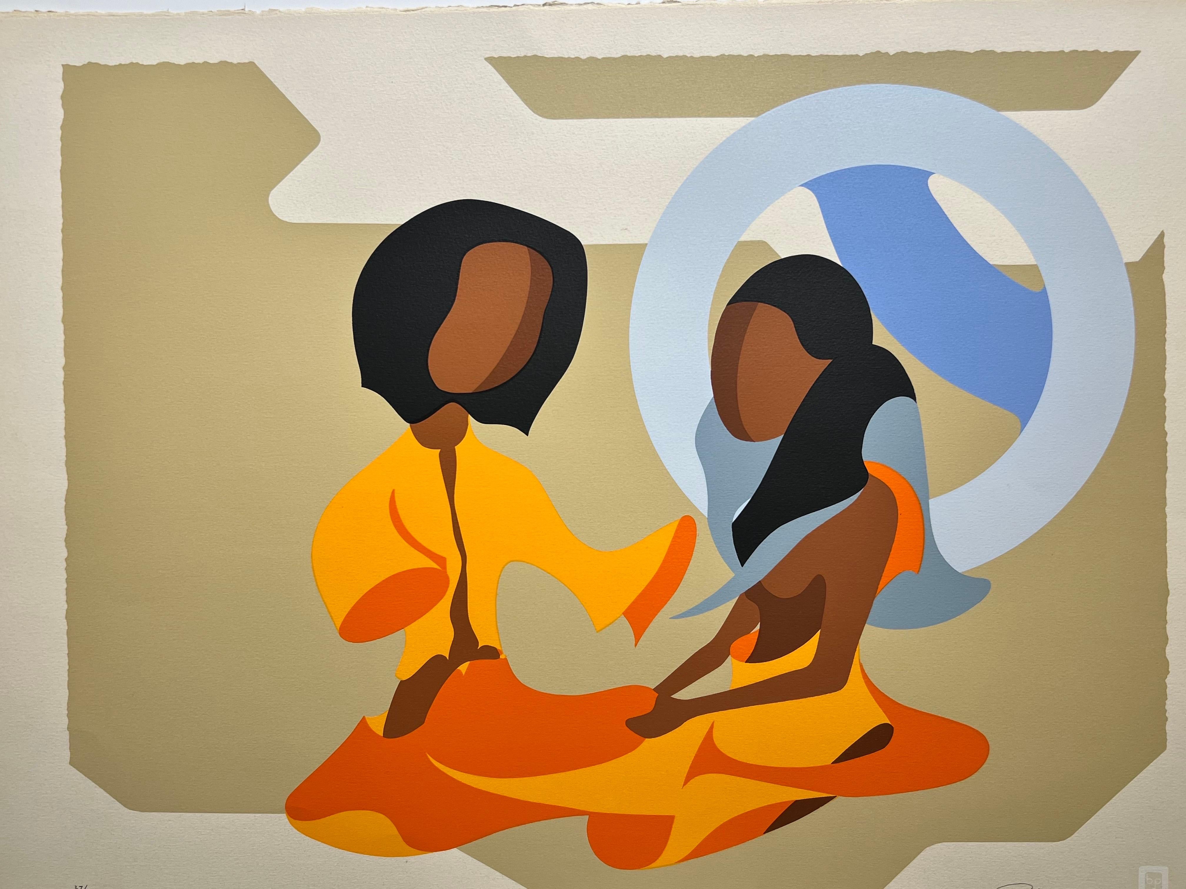 Esta serigrafía original de Huibert Sabelis, titulada Amantes, muestra dos figuras modernas, retratadas de forma abstracta con el estilo característico de Sabelis. La composición armoniza tonos cálidos de naranja, amarillo, marrón y azul,