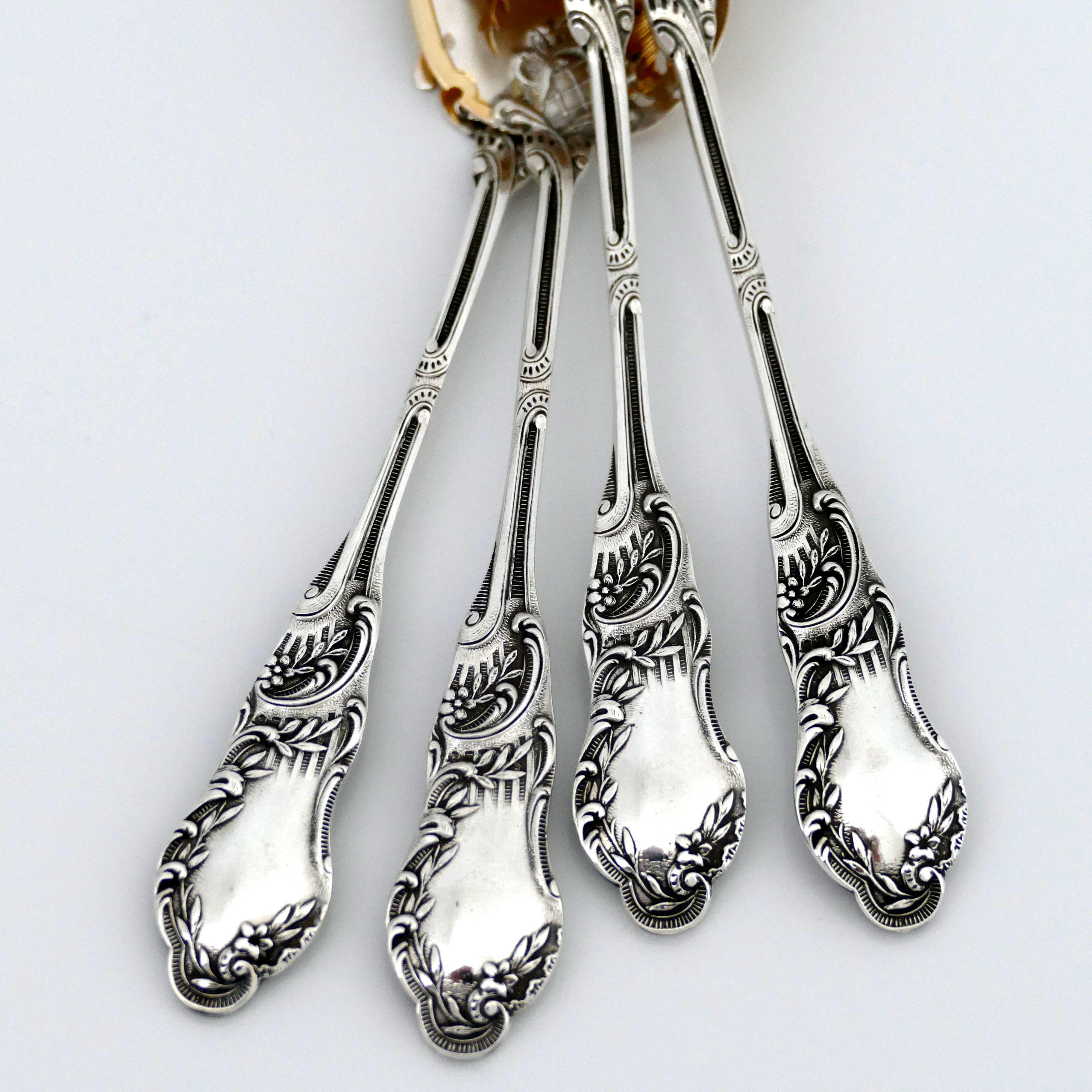 Huignard All Sterling Silver 18-Karat Gold Dessert Hors D'oeuvre Set of 4 Pieces For Sale 6