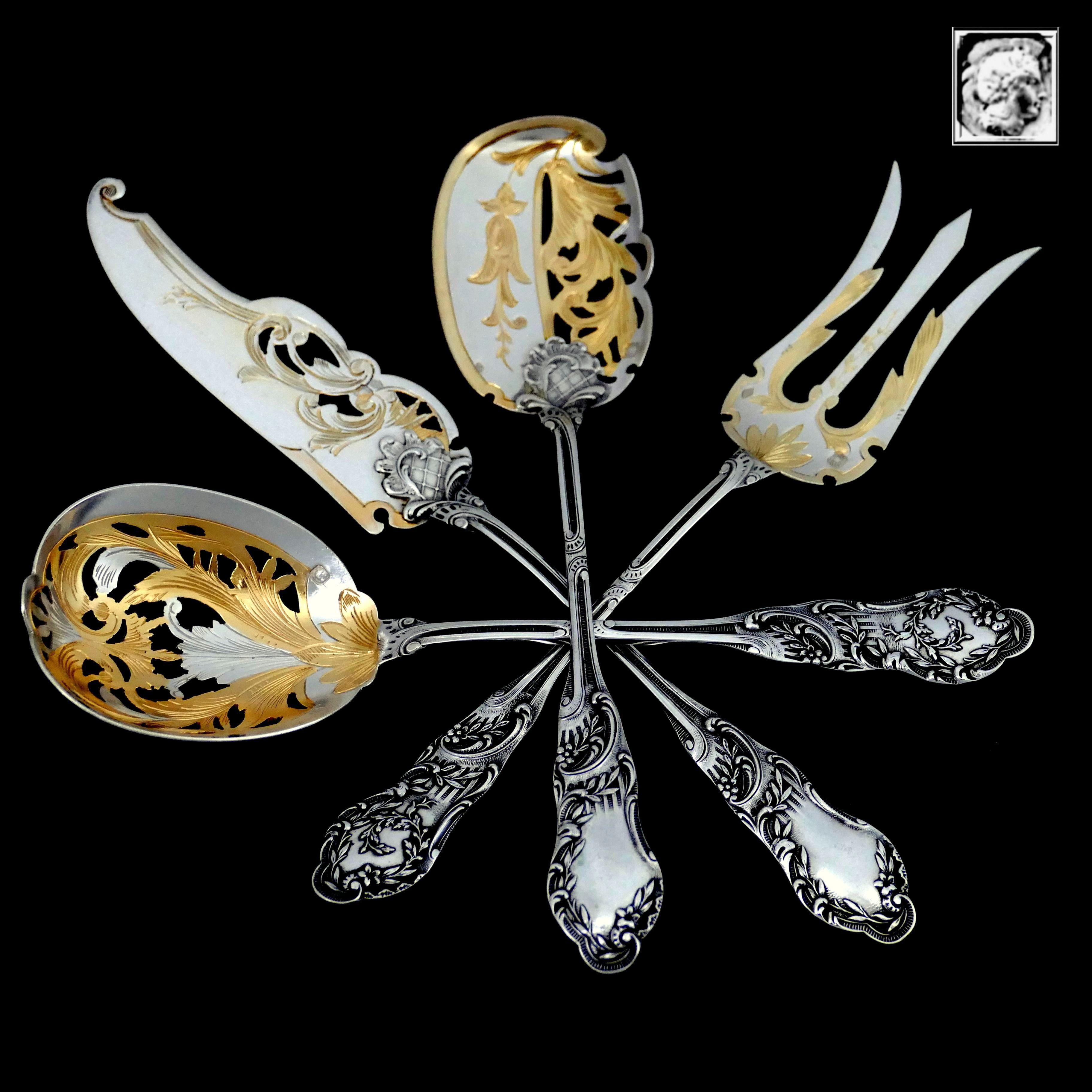 Rococo Huignard All Sterling Silver 18-Karat Gold Dessert Hors D'oeuvre Set of 4 Pieces For Sale