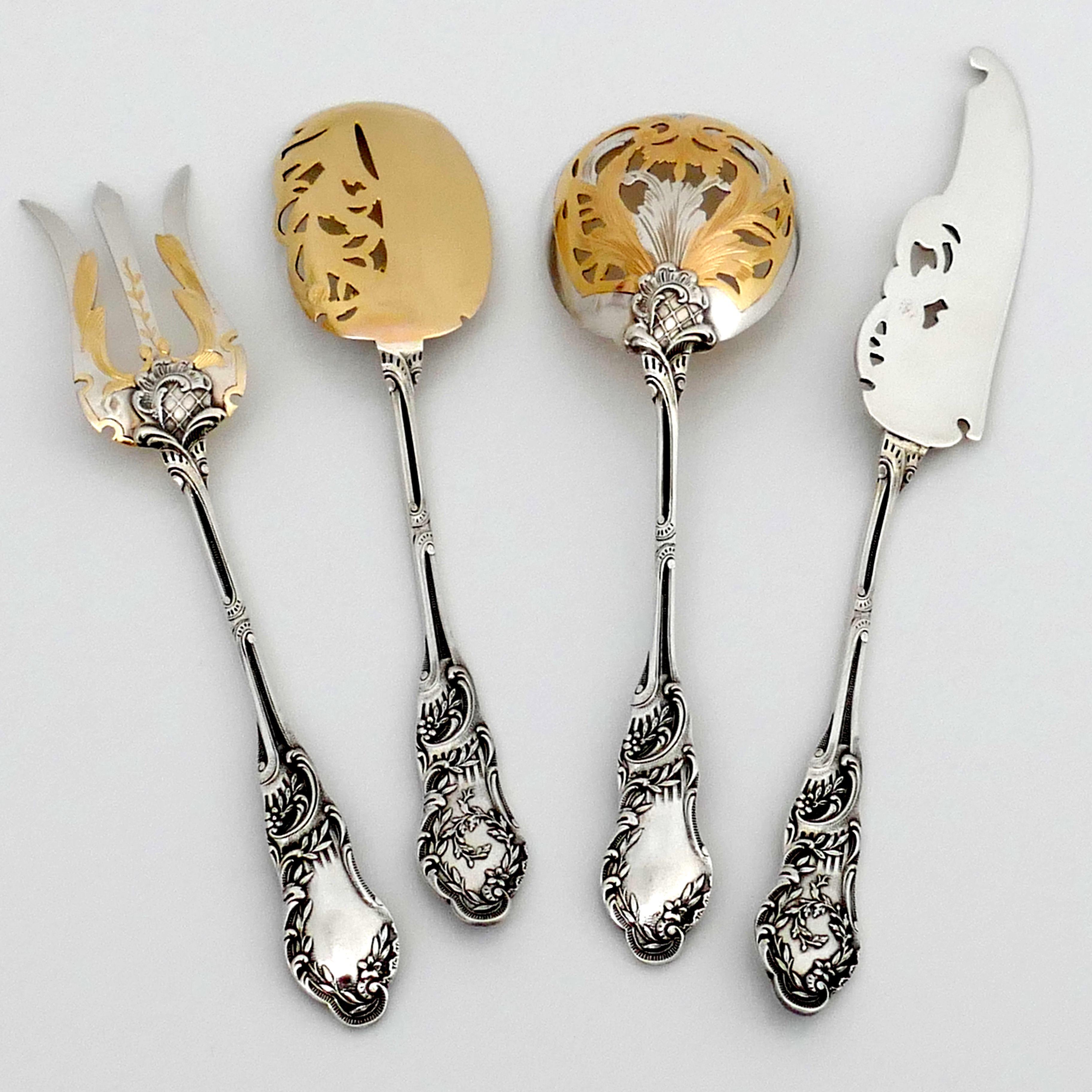French Huignard All Sterling Silver 18-Karat Gold Dessert Hors D'oeuvre Set of 4 Pieces For Sale