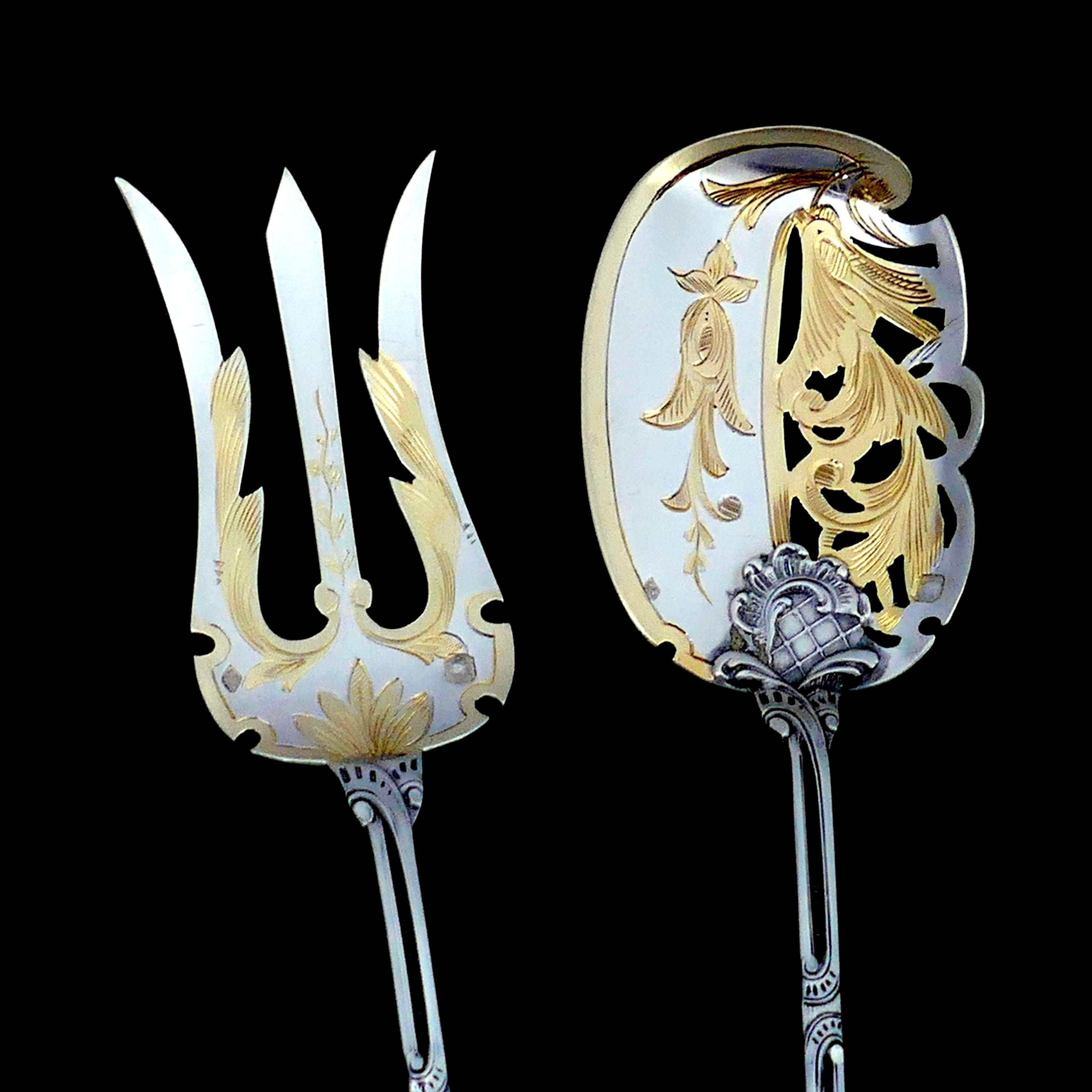 Huignard All Sterling Silver 18-Karat Gold Dessert Hors D'oeuvre Set of 4 Pieces In Good Condition For Sale In TRIAIZE, PAYS DE LOIRE