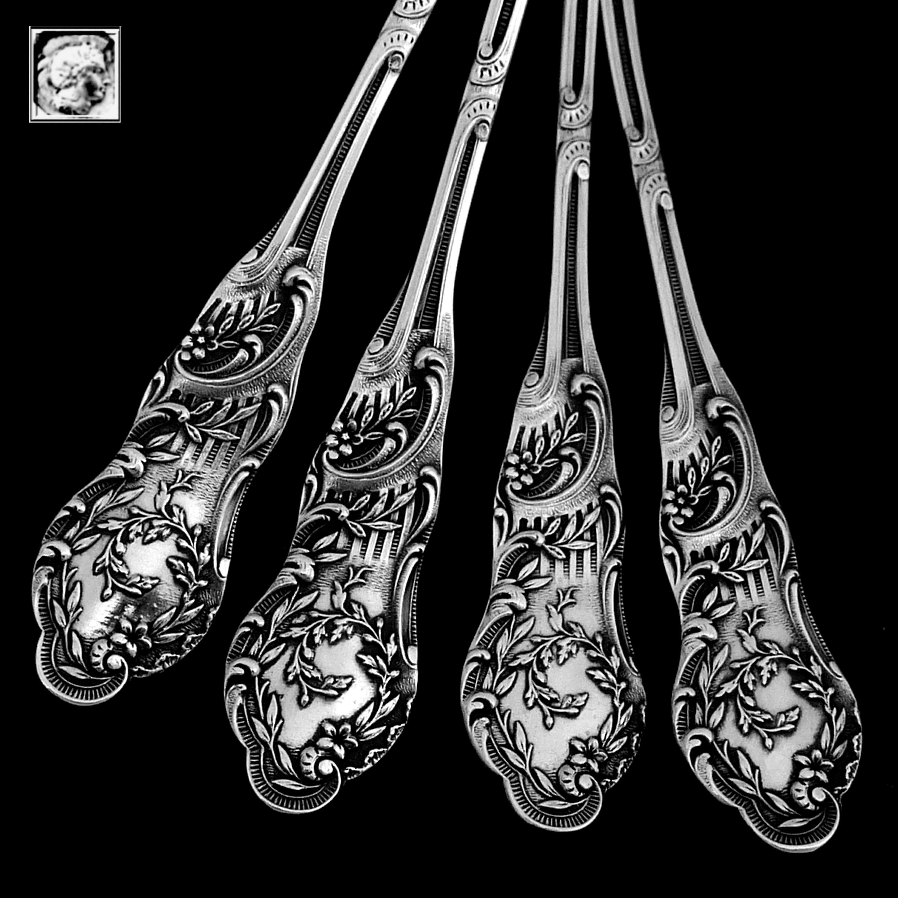 Late 19th Century Huignard All Sterling Silver 18-Karat Gold Dessert Hors D'oeuvre Set of 4 Pieces For Sale