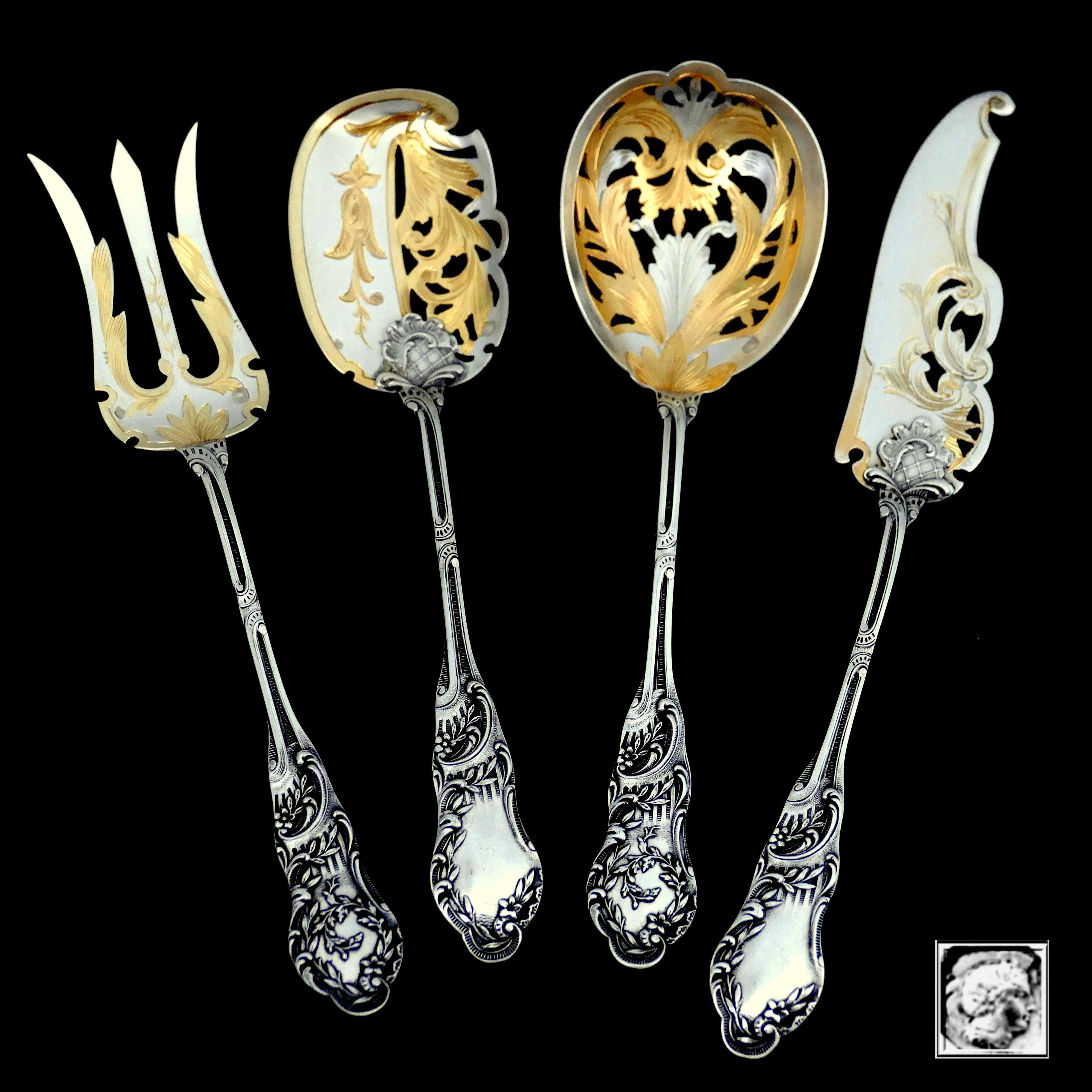 Huignard All Sterling Silver 18-Karat Gold Dessert Hors D'oeuvre Set of 4 Pieces For Sale 2