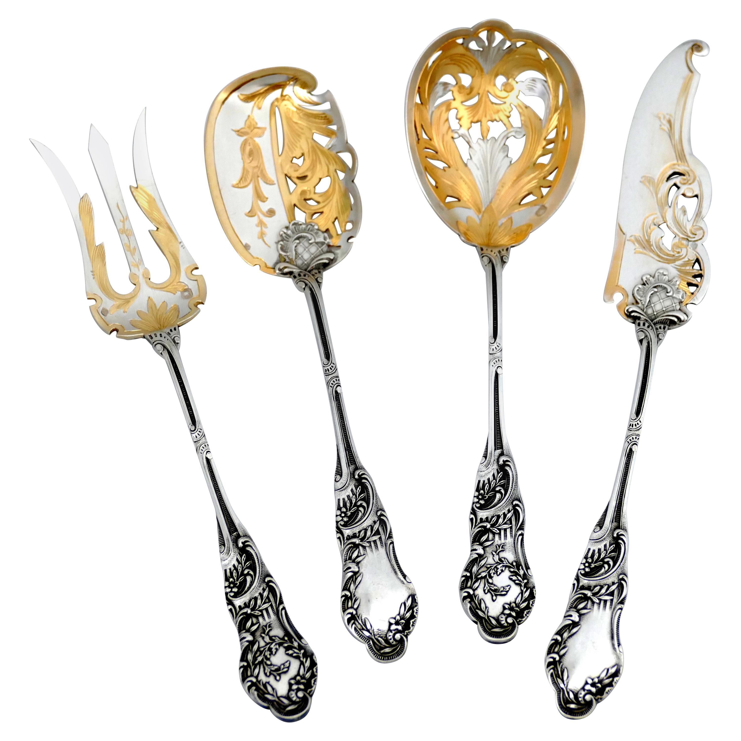 Huignard All Sterling Silver 18-Karat Gold Dessert Hors D'oeuvre Set of 4 Pieces For Sale