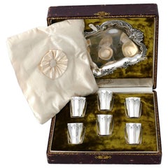 Huignard Rare French Sterling Silver Liquor Cups and Tray, Original Box