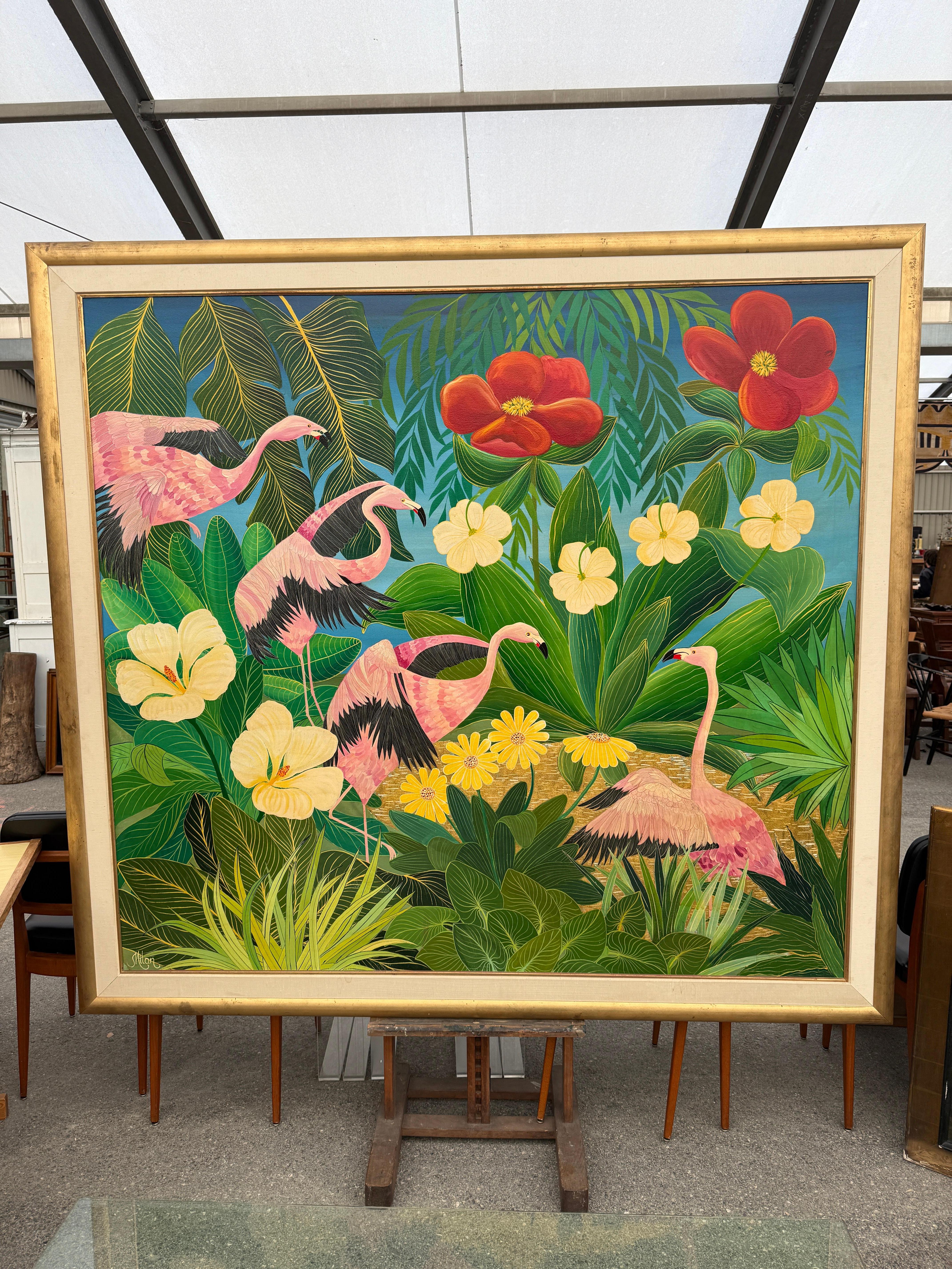 Milan Todd (1922-2018), Flamants roses se nourrissant dans une forêt tropicale, acrylique et feuilles d'or sur toile, (cadre : 190x210

Todd, der 1922 in Jugoslawien geboren wurde, studierte von 1945 bis 1948 in Paris unter der Leitung von Marc