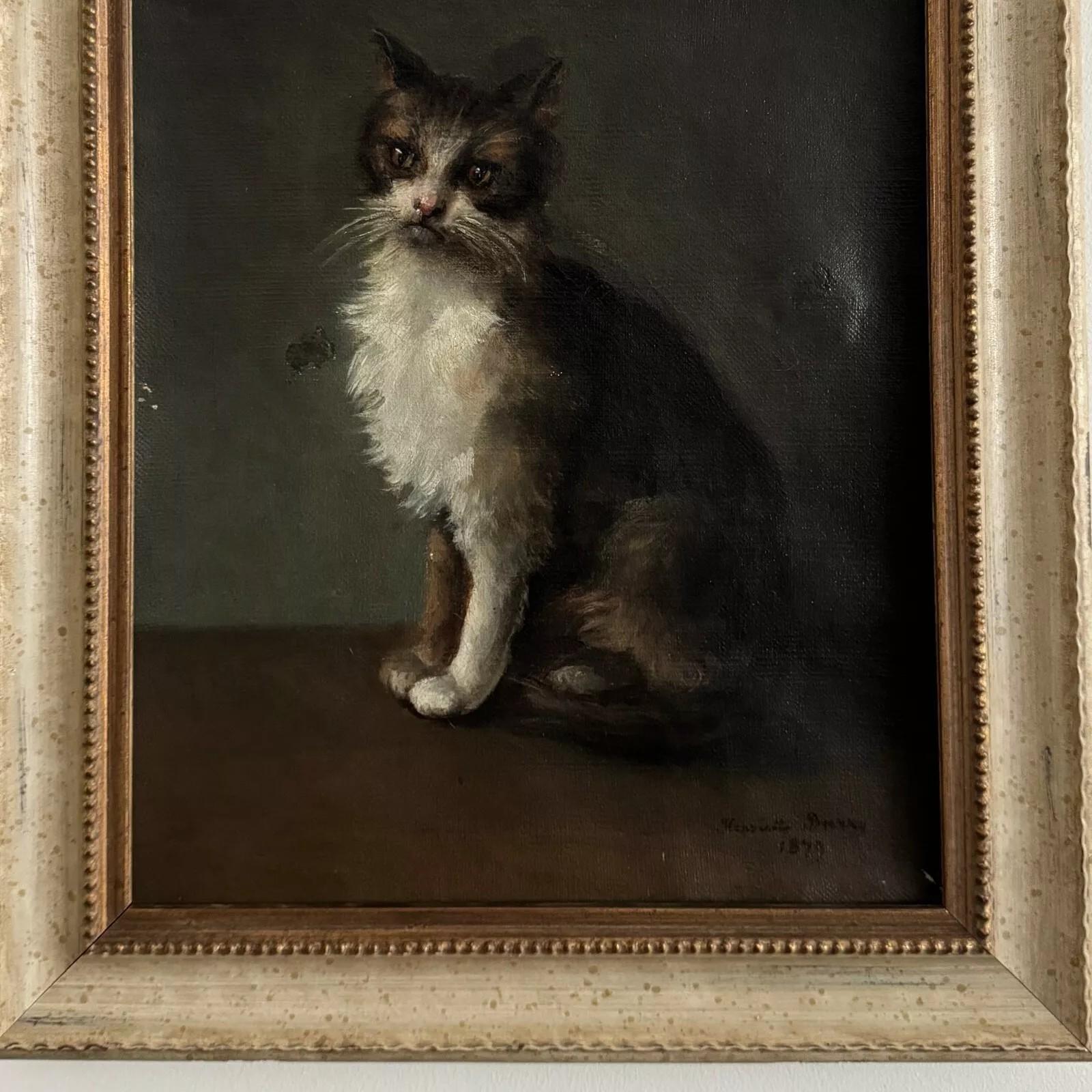 Hand-Painted Oil on canvas – Cat Portrait – Signed Henriette Barry, 1899 For Sale