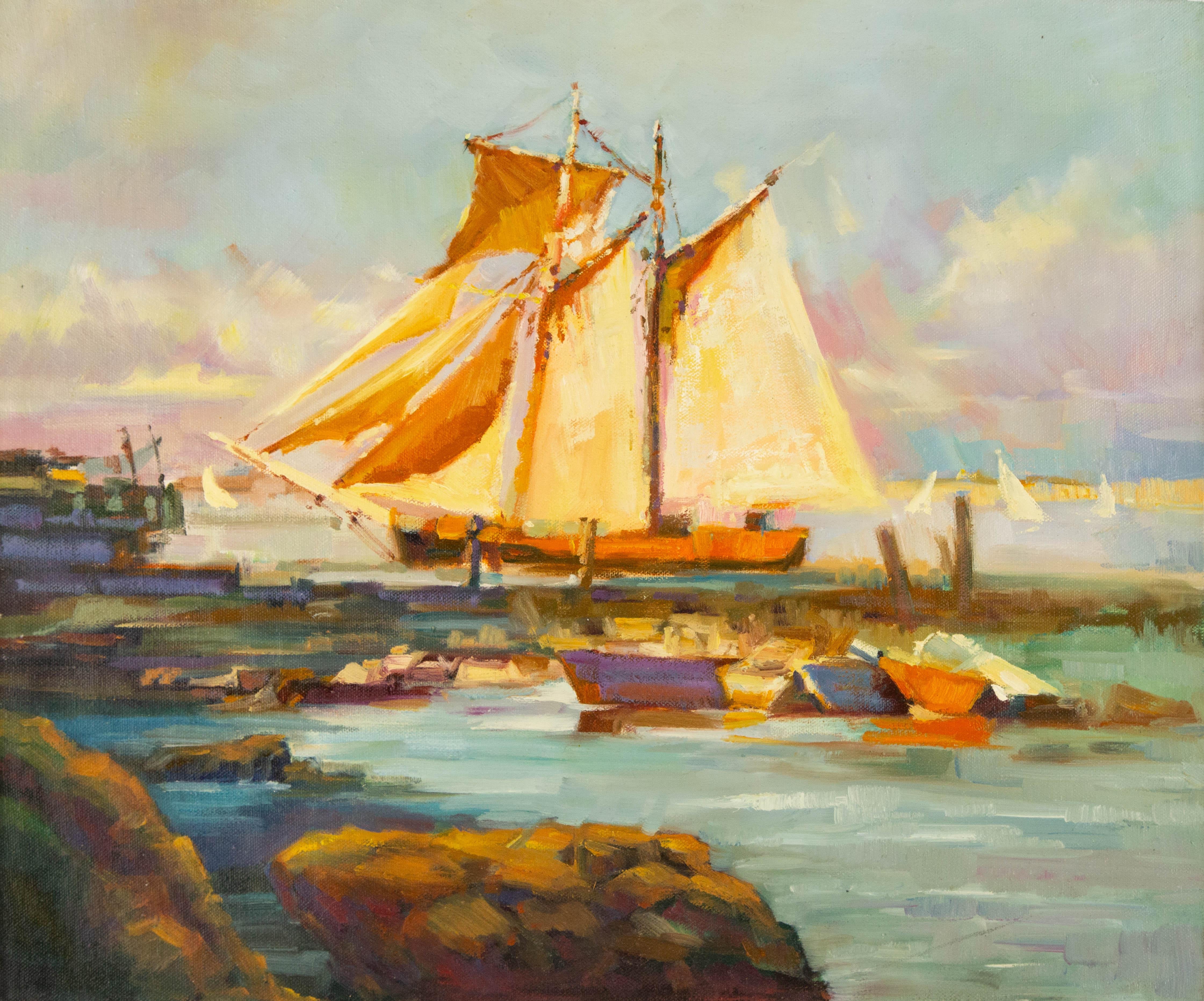 Huimin Wang Landscape Painting – HuiMin Wang Contemporary Original Oil On Canvas "Set The Sail"