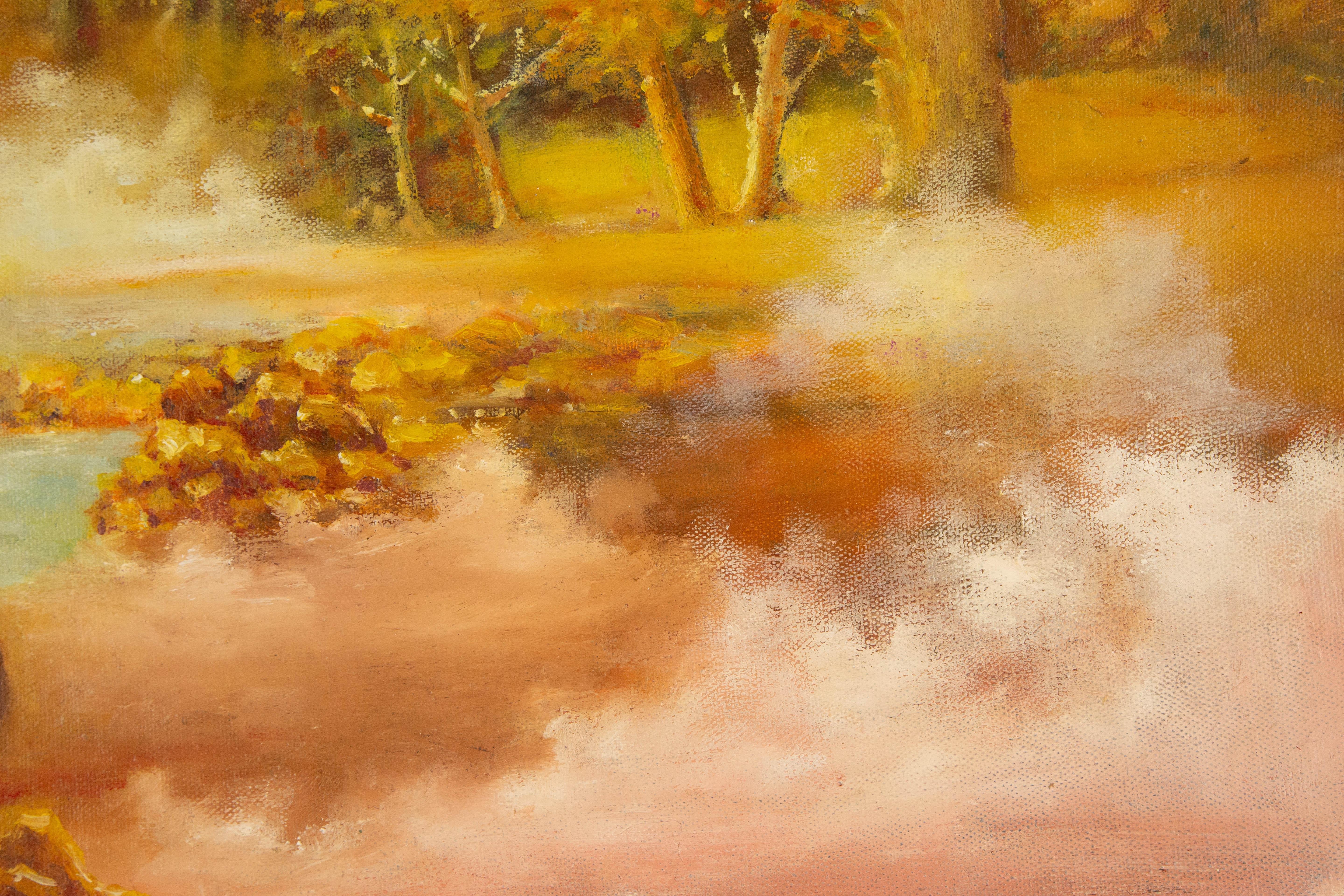 HuiMin Wang Impressionistisches Original Ölgemälde auf Leinwand „Misty Lakeside“, HuiMin Wang im Angebot 1