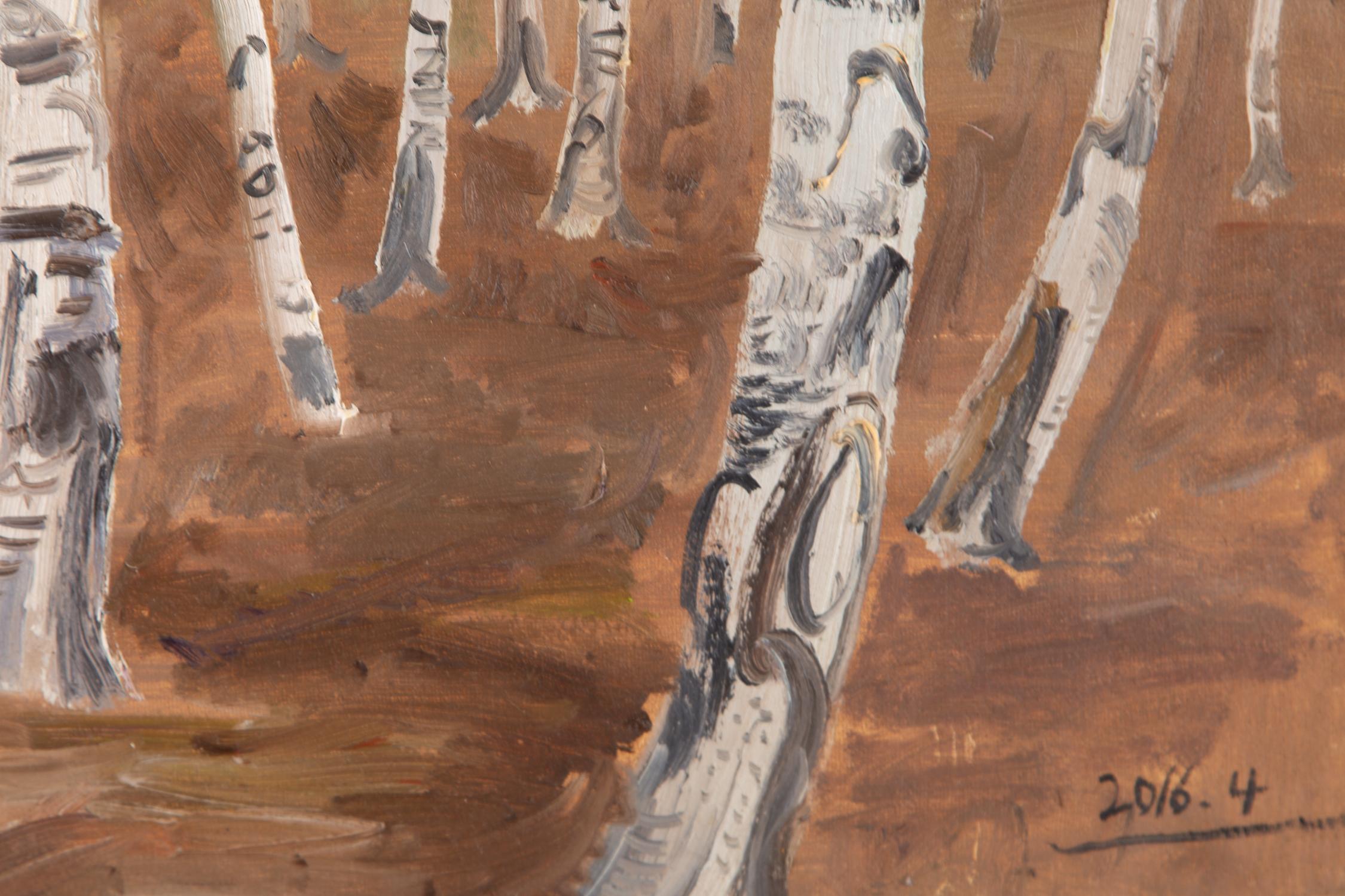 Huile sur toile originale HuiMin Wang - Paysage, arbre de bouleau 1 en vente 1