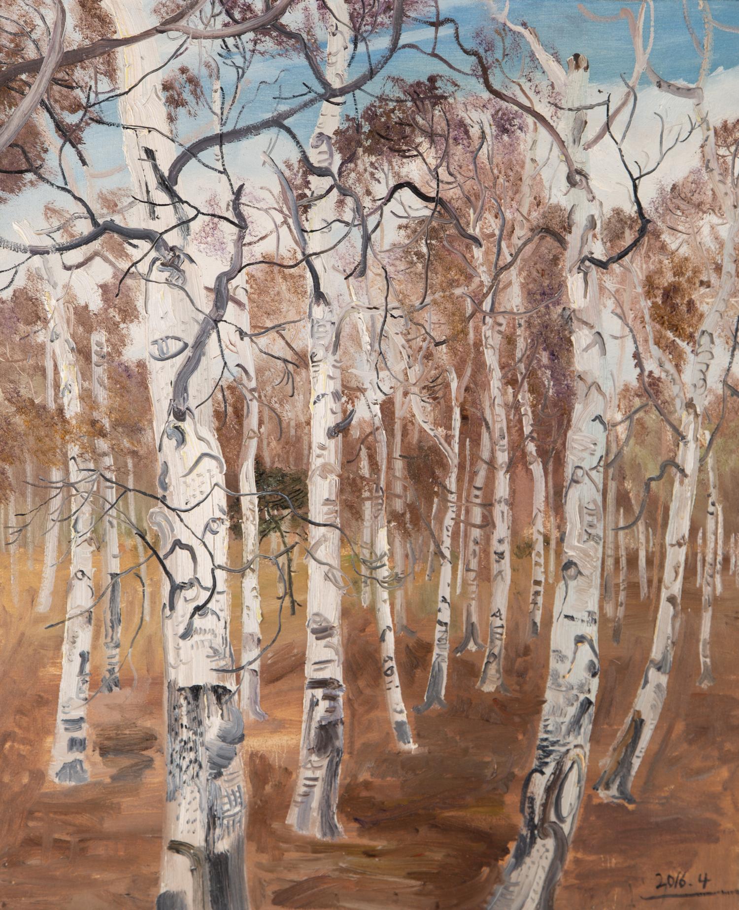 Huimin Wang Landscape Painting - HuiMin Wang Landscape Original Oil On Canvas "Birch Tree 1"
