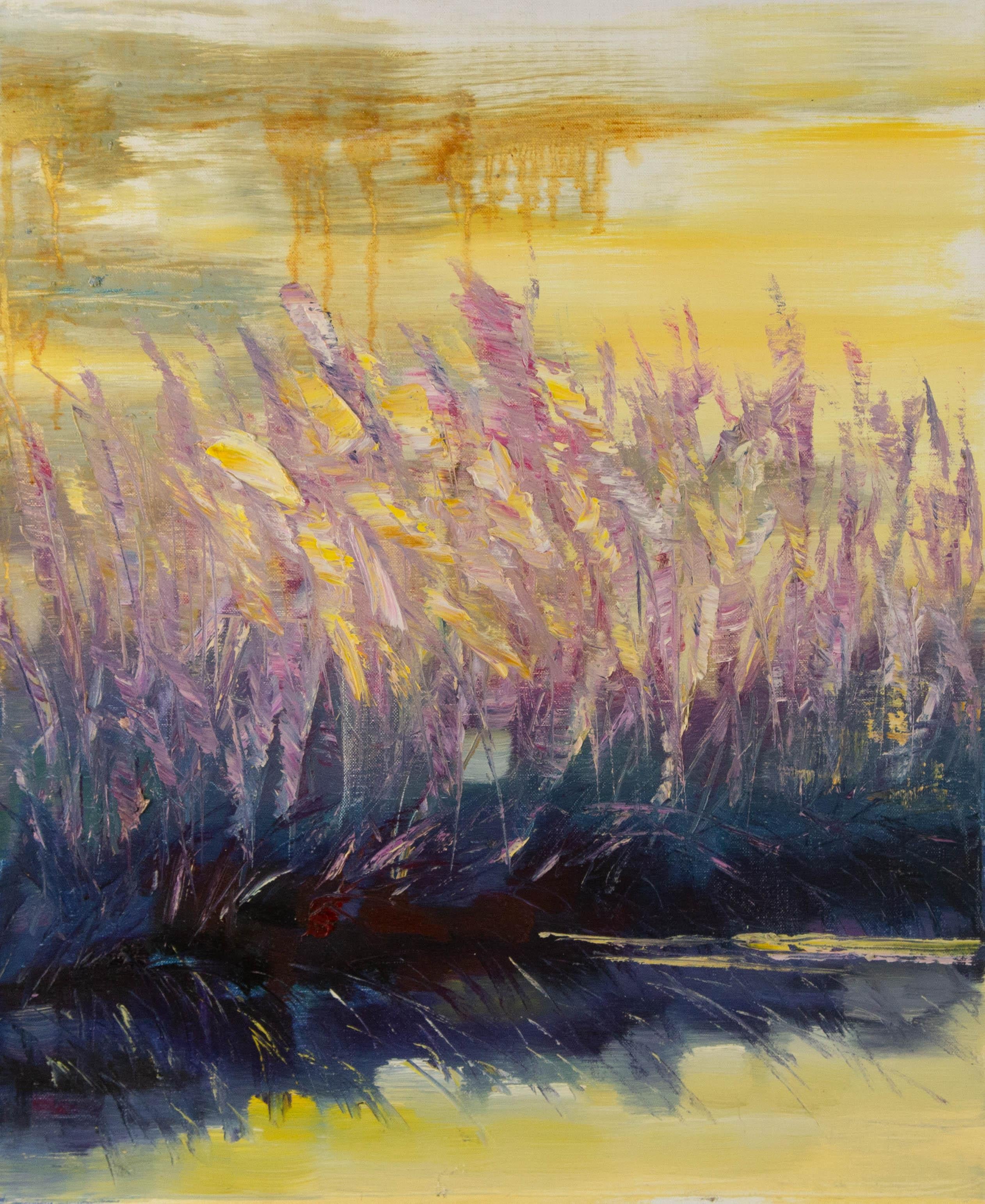  Title: Reed Pond
 Medium: Oil on canvas
 Size: 24 x 19.5 inches
 Frame: Framing options available!
 Condition: The painting appears to be in excellent condition.
 Note: This painting is unstretched, shipped rolled unless stretching/framing is