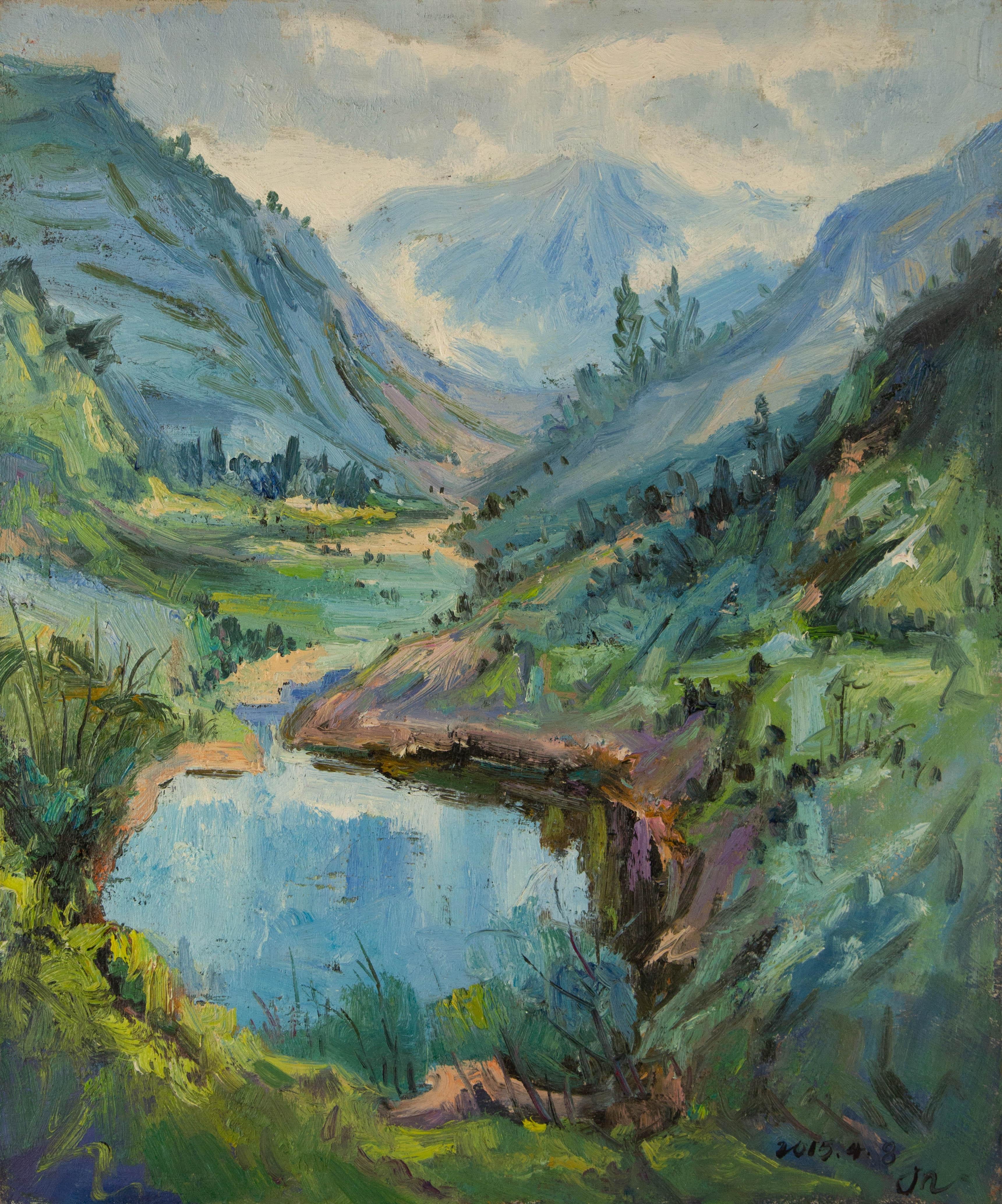  Title: Stream
 Medium: Oil on canvas
 Size: 23 x 19 inches
 Frame: Framing options available!
 Condition: The painting appears to be in excellent condition.
 Note: This painting is unstretched
 Year: 2015
 Artist: Huimin Wang
 Signature: Signed
