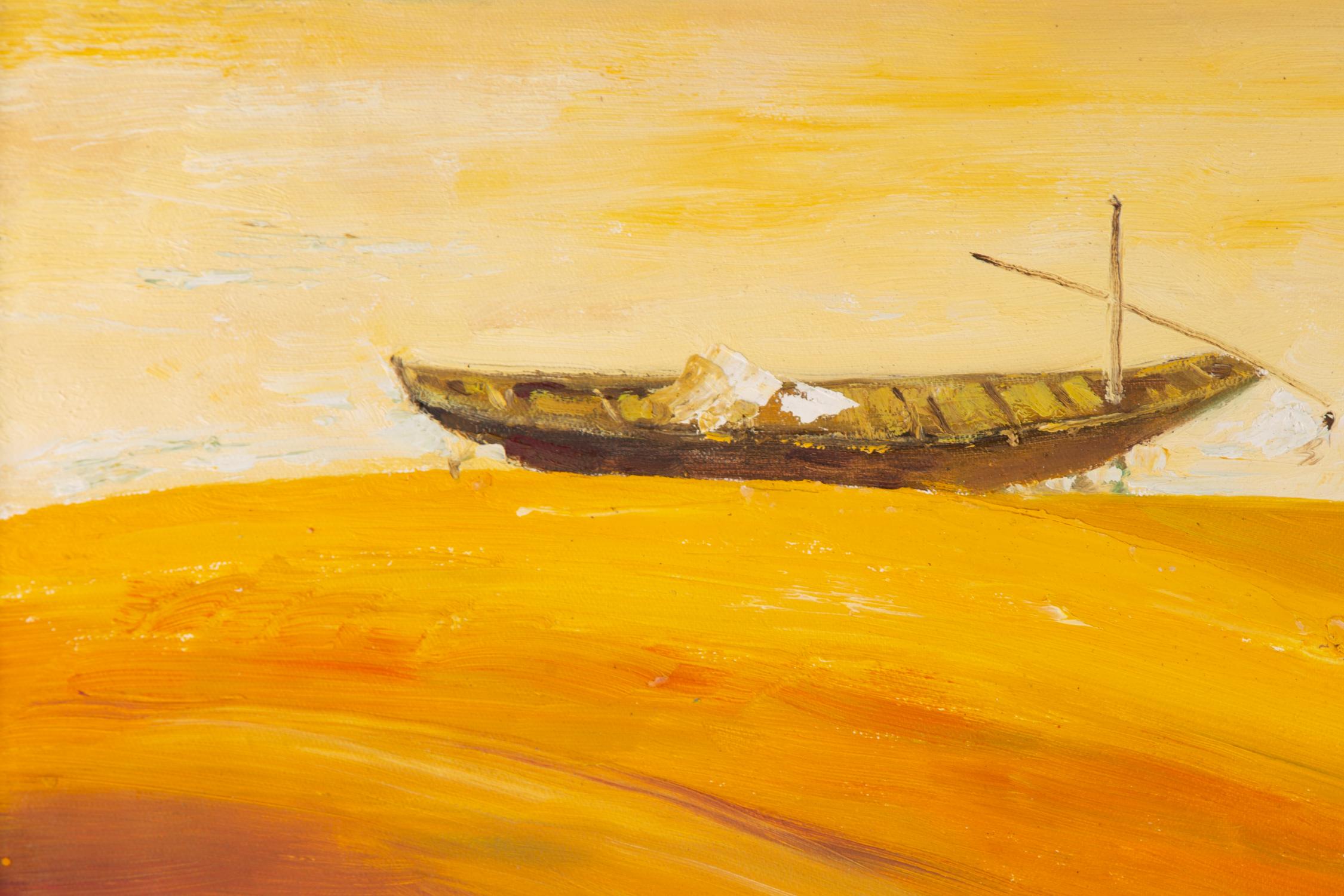 Huimin Wang Landschaft, Original-Ölgemälde „ Boot in Goldwelle“ im Angebot 1