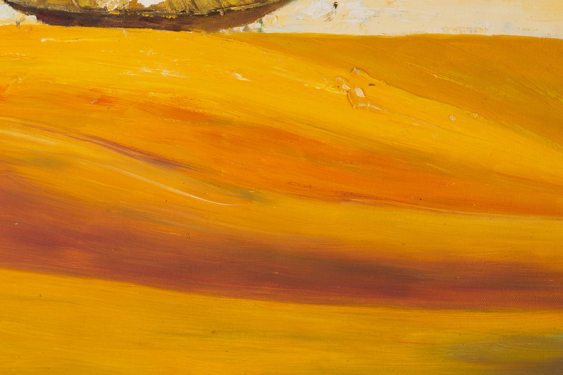 Huimin Wang Landschaft, Original-Ölgemälde „ Boot in Goldwelle“ im Angebot 5