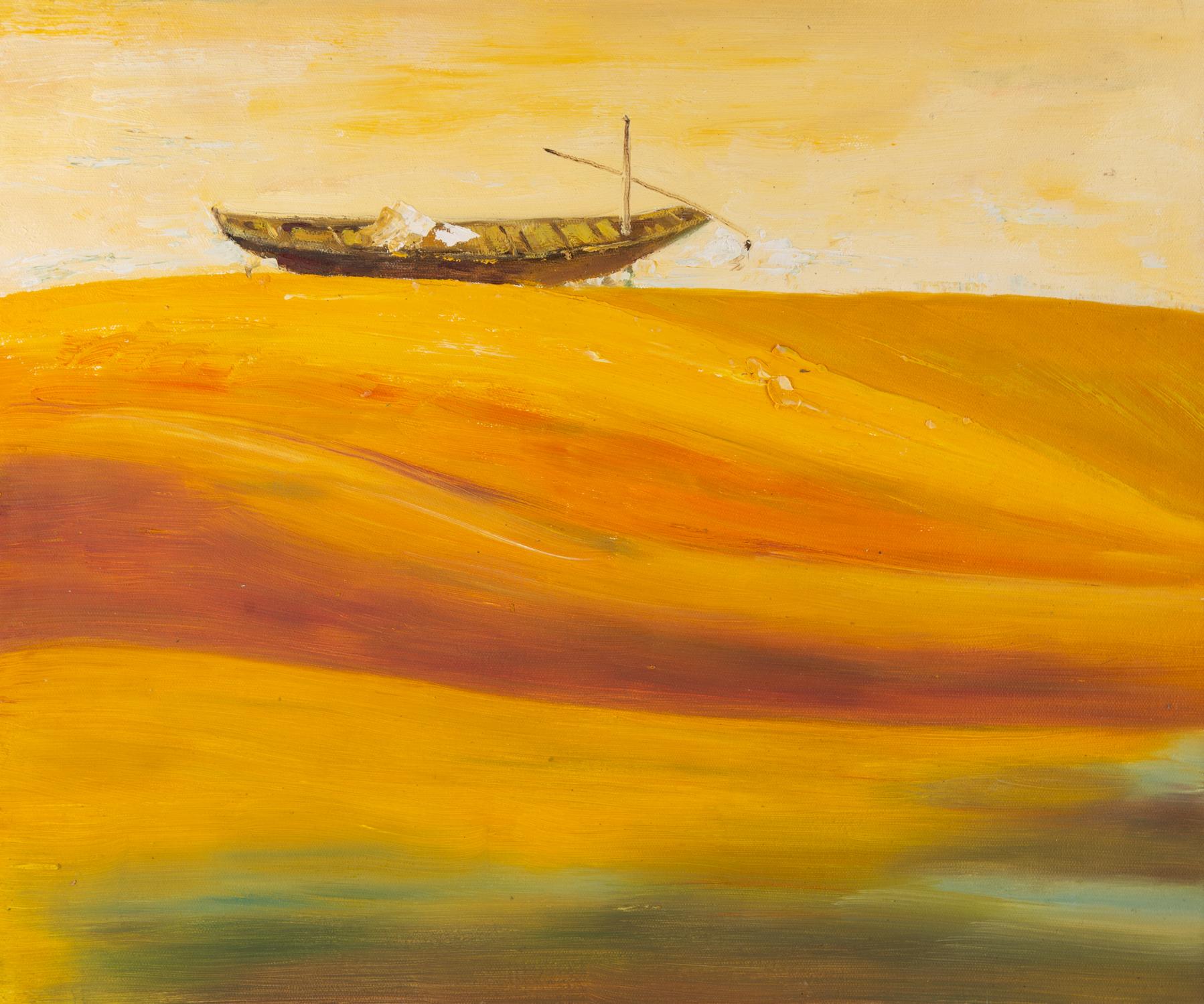 Huimin Wang Landschaft, Original-Ölgemälde „ Boot in Goldwelle“