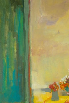 HuiMin Wang Stillleben Original Ölgemälde auf Leinwand „Flower And Cafe“