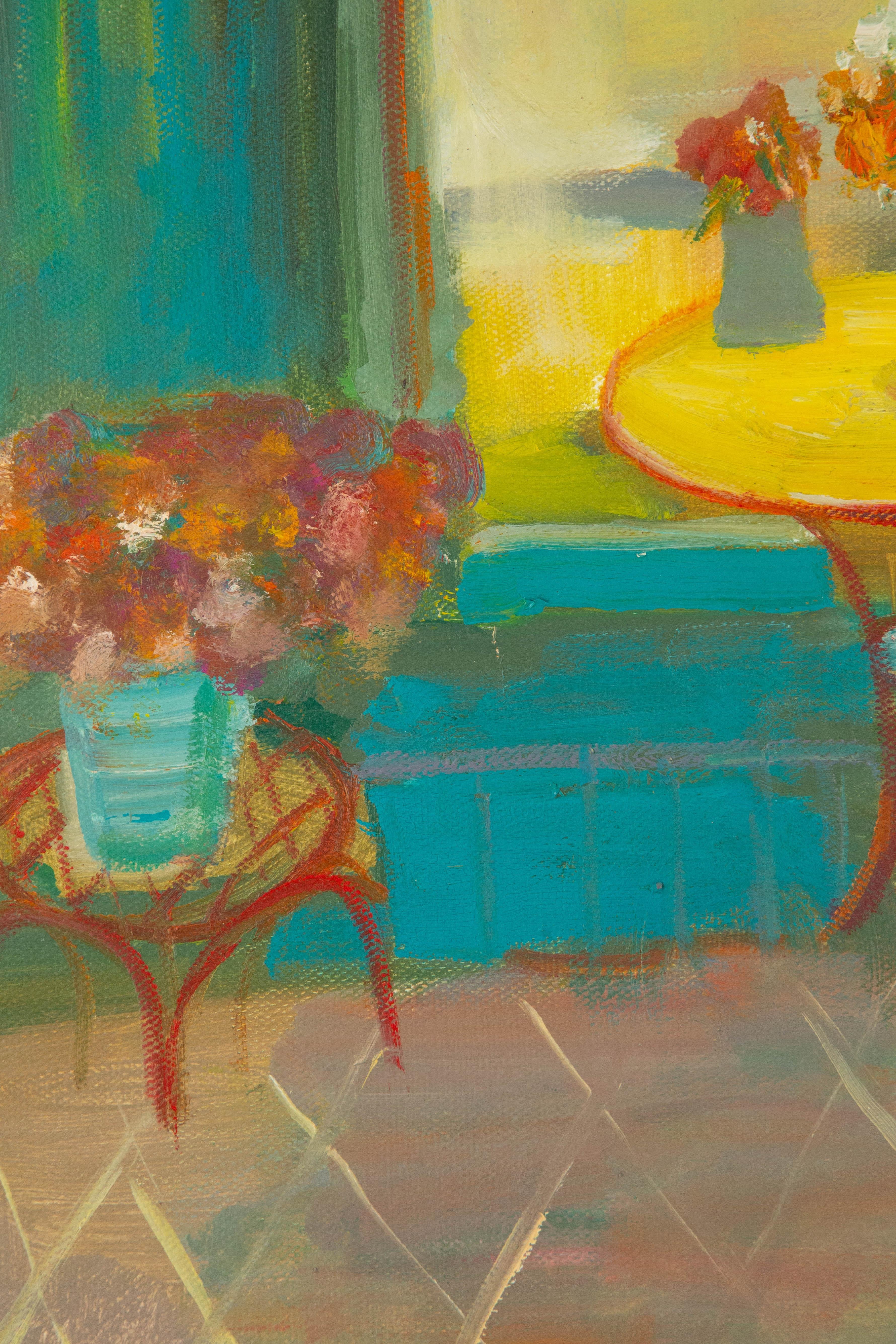 HuiMin Wang Stillleben Original Ölgemälde auf Leinwand „Flower And Cafe“ (Braun), Interior Painting, von Huimin Wang