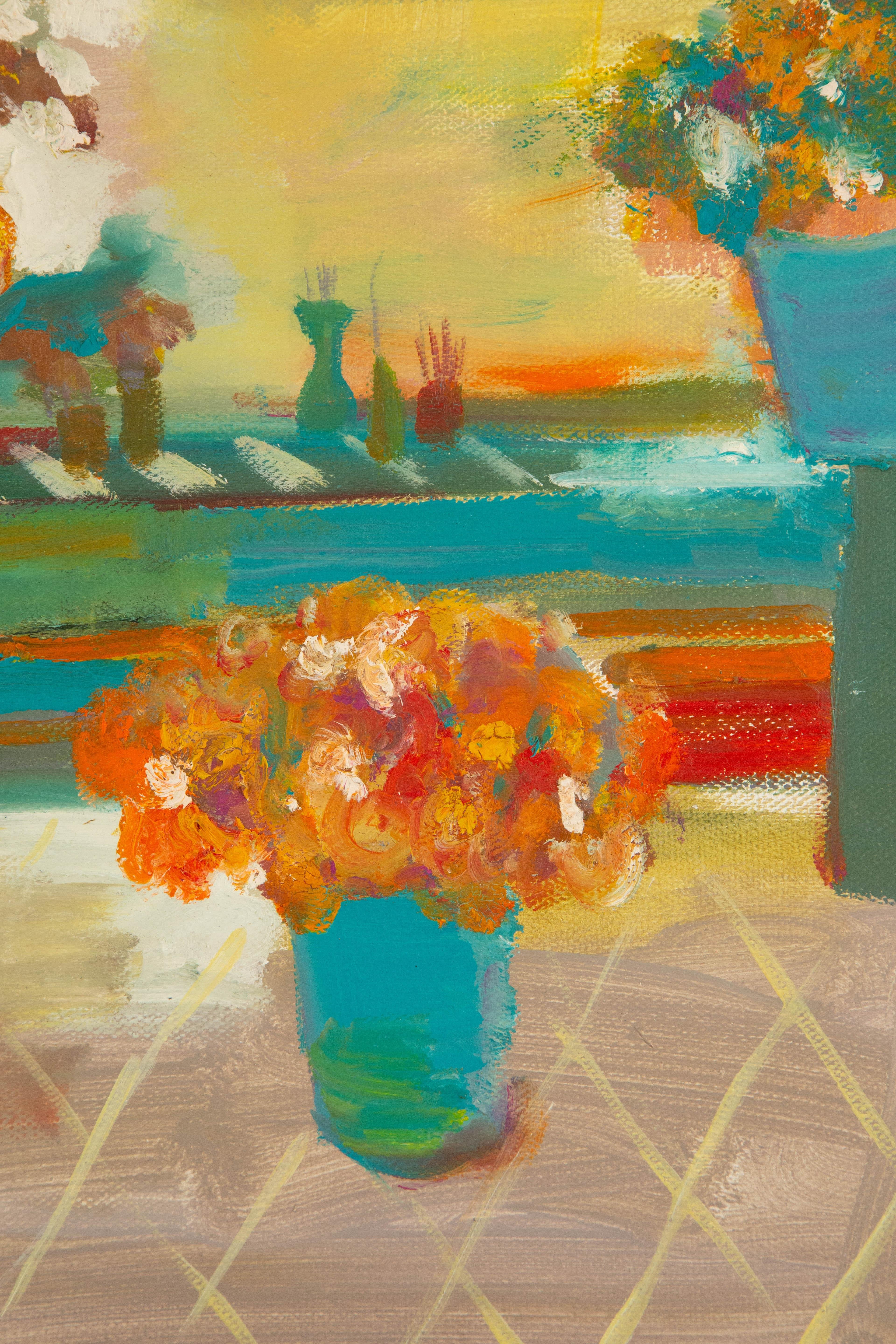 HuiMin Wang Stillleben Original Ölgemälde auf Leinwand „Flower And Cafe“ im Angebot 1