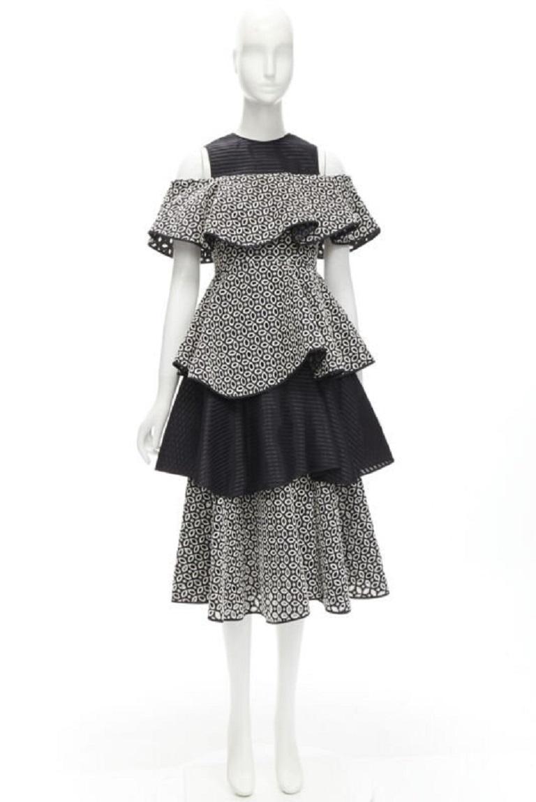HUISHAN ZHANG black white eyelet embroidery anglais cold shoulder dress US2 XS For Sale 5