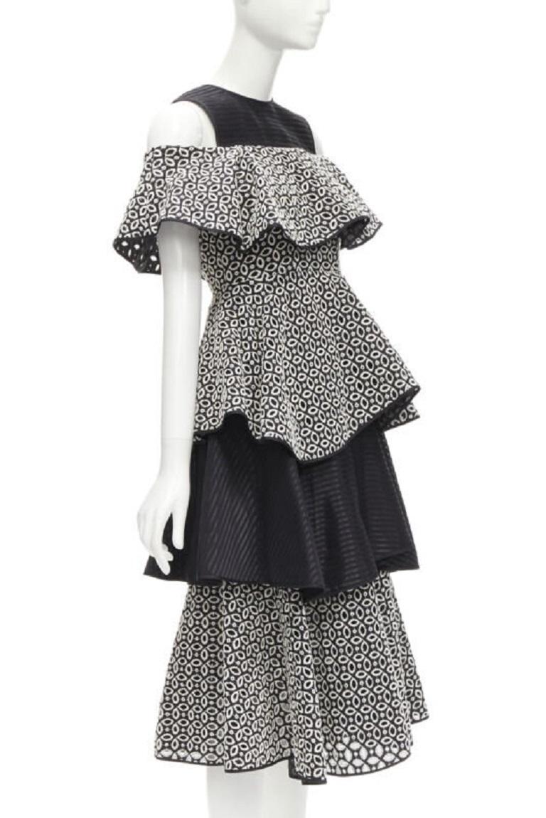 Black HUISHAN ZHANG black white eyelet embroidery anglais cold shoulder dress US2 XS For Sale